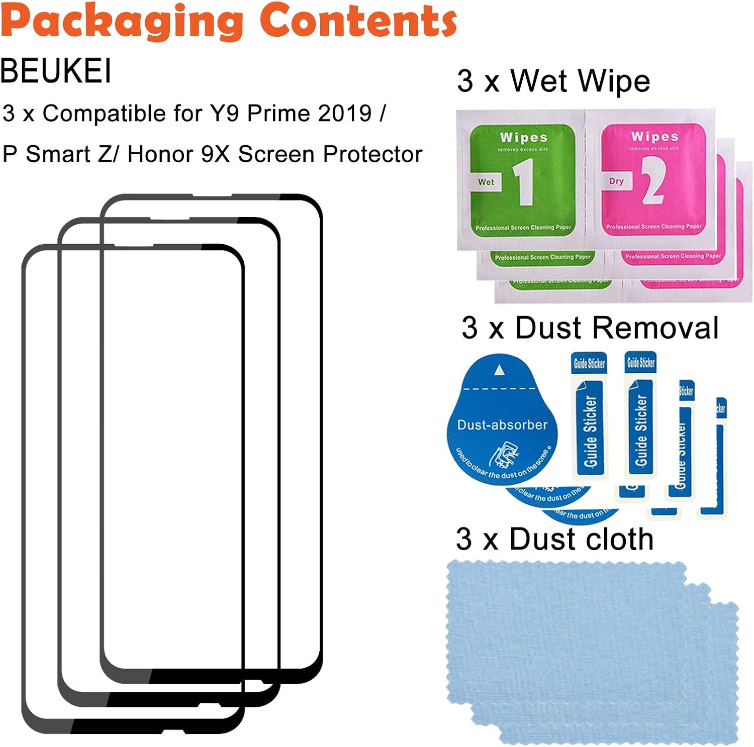 beukei (3 Pack) Compatible for Huawei Y9 Prime 2019 / P Smart Z/Honor 9X Screen Protector Tempered Glass,Full Screen Coverage, Touch Sensitive,Case Friendly, 9H Hardness