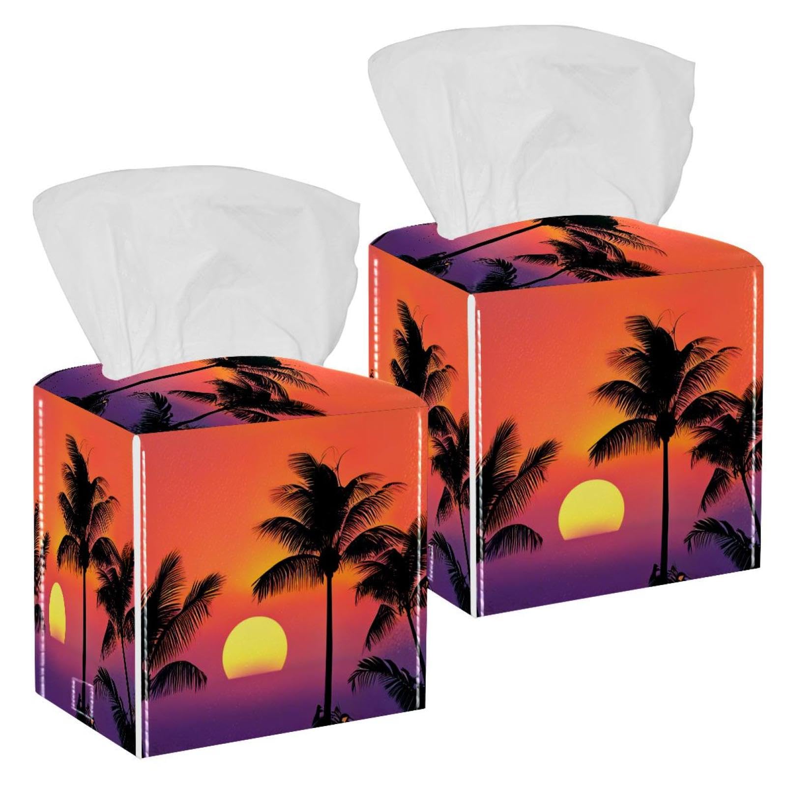 Coconut Tree Silhouette Tissue Box Cover, 2 Pack PU Leather Square Facial Tissue Dispenser Box holder for Home Office Car