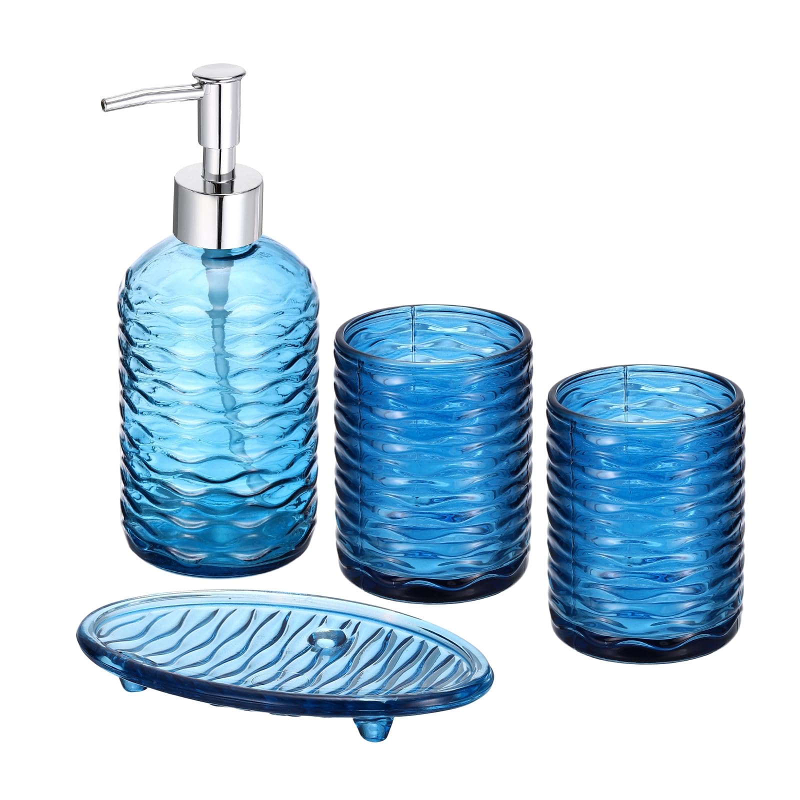 PATIKIL 4 Pcs Glass Bathroom Accessory Set, Wavy Stripes Clear Bathroom Accessories Set with Toothbrush Holder, Soap Dish, Tumbler, Soap Dispenser for Bath Storage Hotel Decor, Blue
