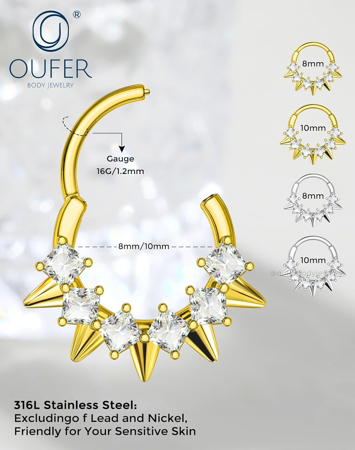 OUFER Septum Piercing Jewelry 316L Surgical Steel Septum Rings 16G 8/10MM Square Clear CZ Hinged Segment Daith Piercing Jewelry, Daith Helix Rook Earrings For Women Men - Image 9
