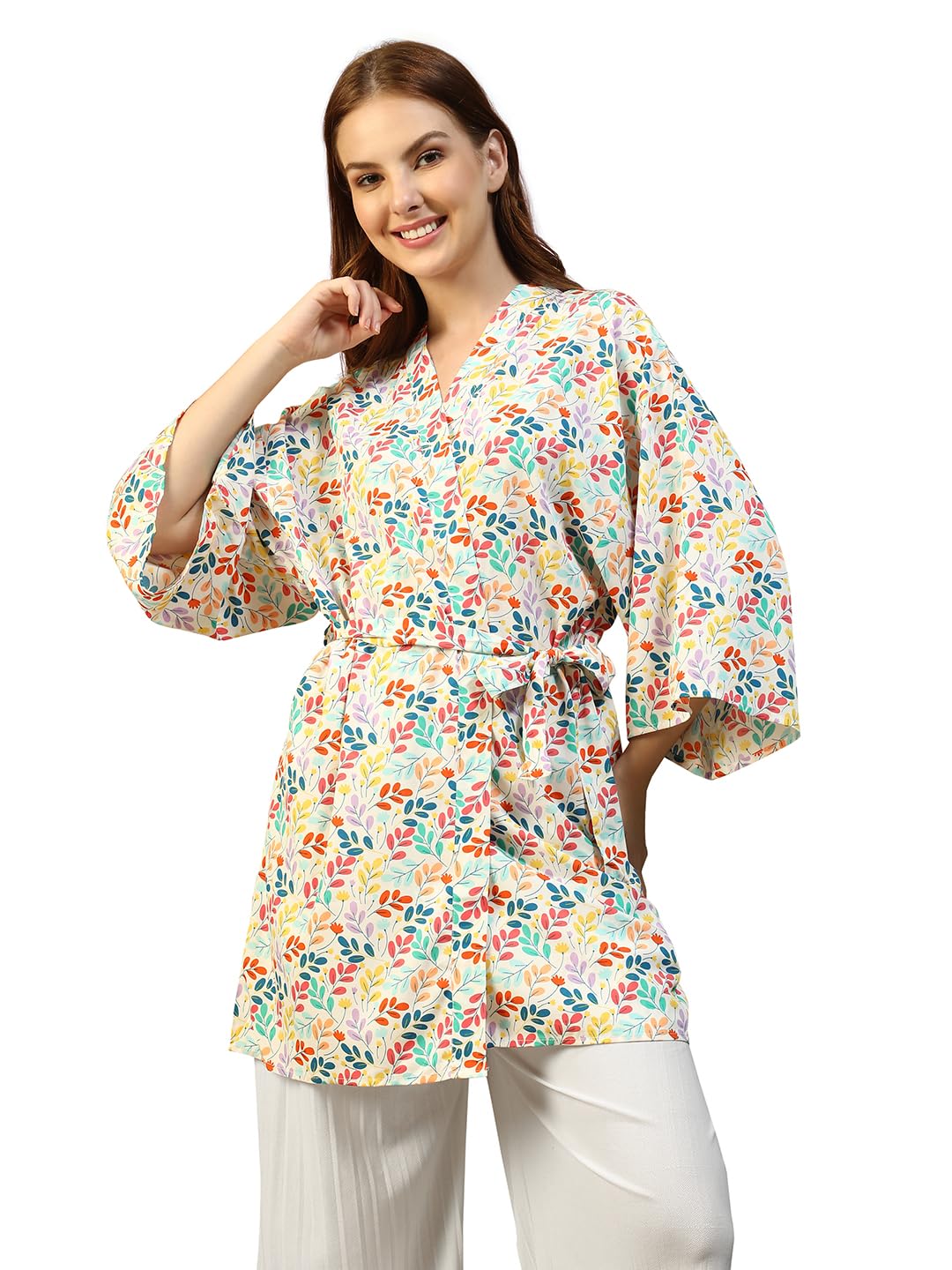 oxolloxo Women Floral Print V-Neck Long Sleeve Tie-Up Detail Nightwear Shrug-picture-35