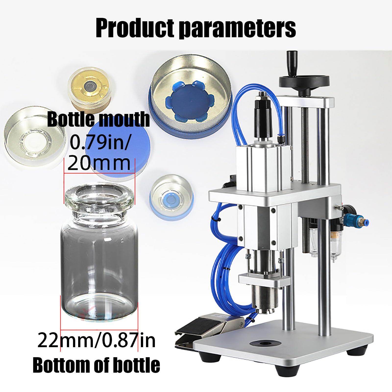 Máquina prensadora neumática de viales, sellado automático con ajuste de altura e interruptor de pie, 30-60 piezas/min para sellar viales y tapas de aluminio y plástico