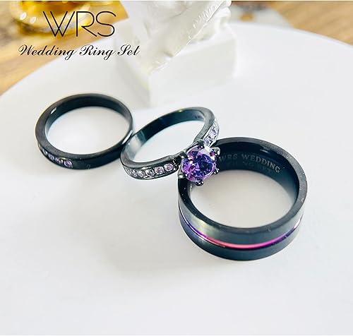 Vista 5 de Juego de anillos de boda His Hers para parejas, anillos a juego para mujer, chapado en oro negro de 18 quilates, circonita violeta, anillos