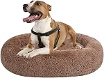 Coohom Oval Calming Donut Cuddler Dog Bed,Shag Faux Fur Cat Bed Washable Round Pillow Pet Bed(30"/36"/43") for Medium Dogs (XL(36"x27"x7"),Light Brown)
