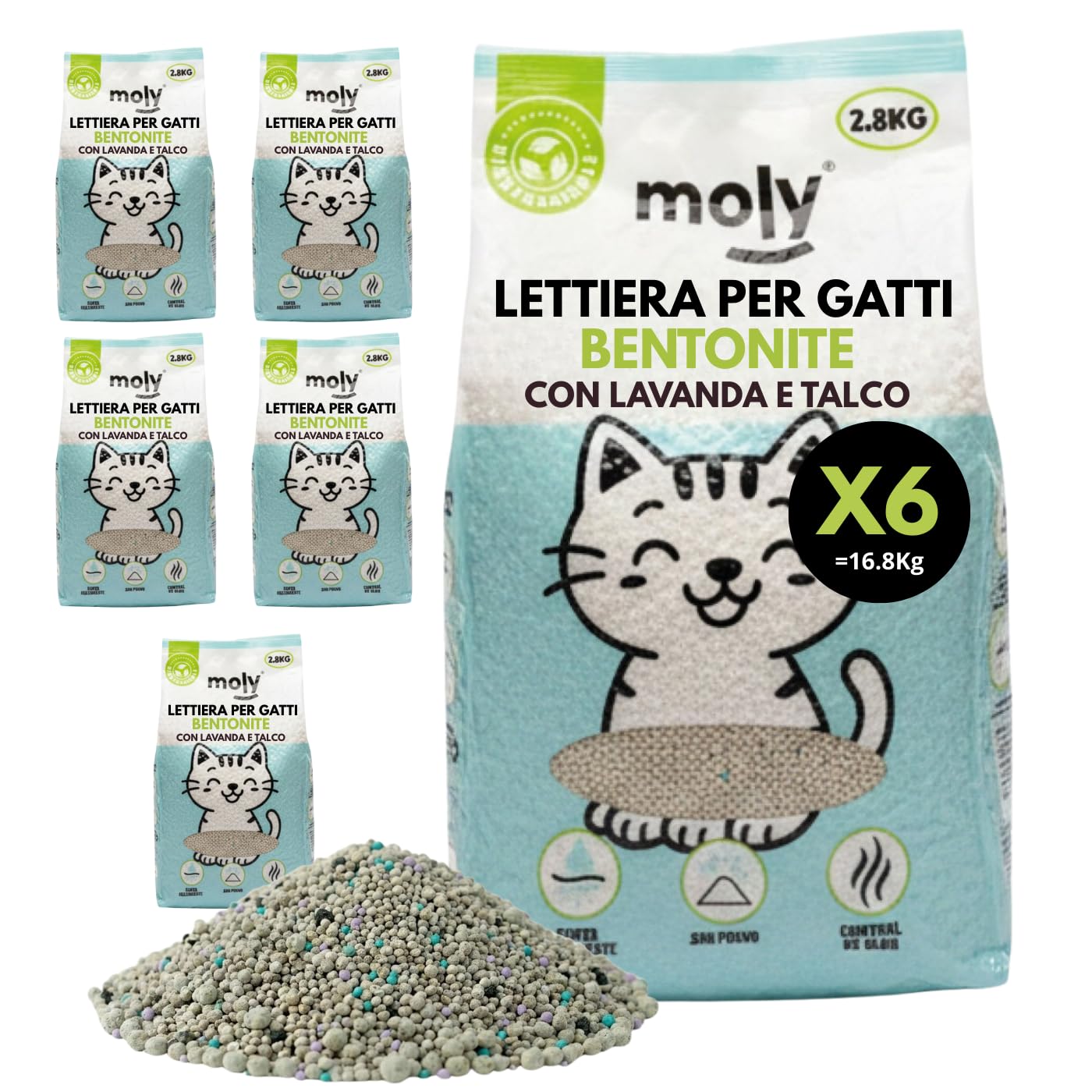 MOLY X6 Sabbia per gatti Bentonite con carbonio attivo 16,8 kg 22,2 l | Sabbia agglomerante ad alta assorbimento con aroma di lavanda e talco | Controllo totale degli odori | Senza polvere | Lecho