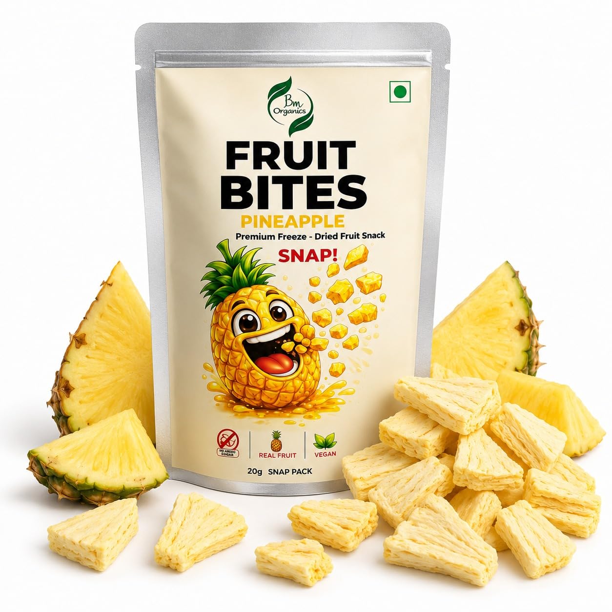 BM Organics Fruit Bites Pineapple | Premium Freeze Dried Pineapple Snack | No Added Sugar | 100% Real Fruit | Vegan | Crispy Healthy Snack | 20g Snap Pack-image-38
