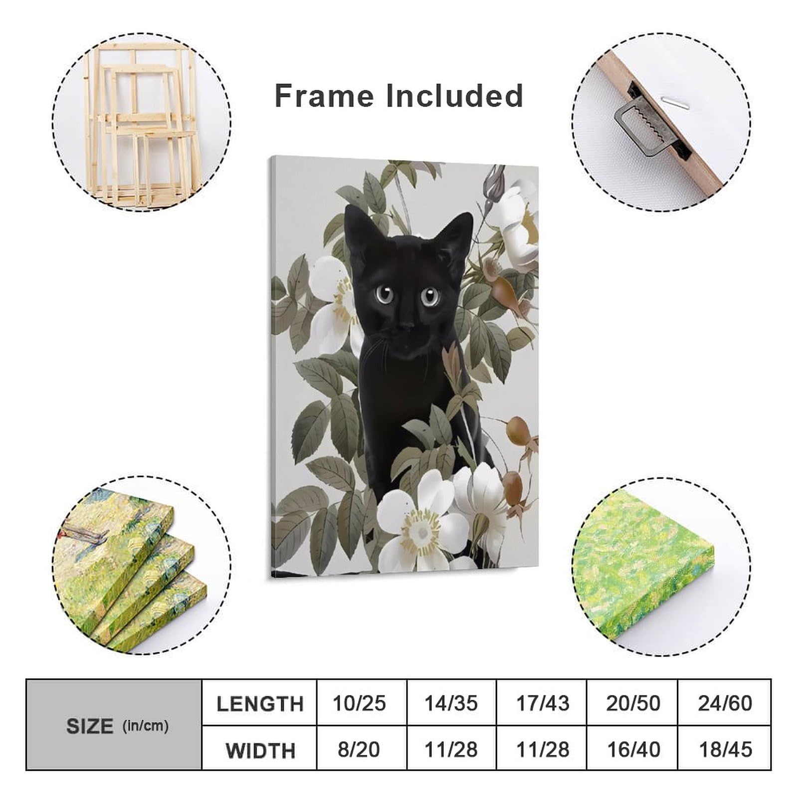 Amazon.co.jp: 花 黒猫 ネコ柄 猫柄 キャンバス絵画 アートパネル