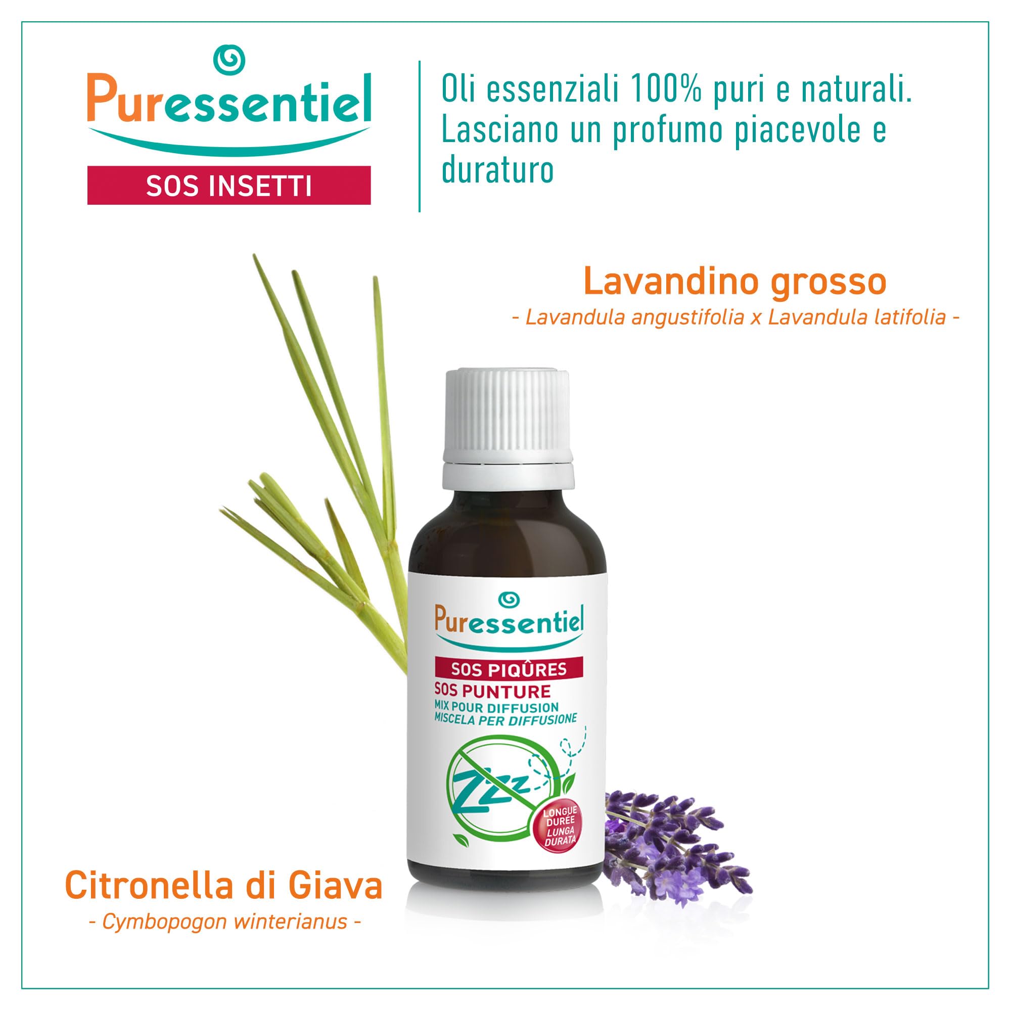 Puressentiel – SOS PUNTURE – Oli Essenziali per Diffusione – 100% puri e naturali – Sgraditi alle zanzare – Lunga durata – Profumo piacevole e duraturo – Ideale per serate estive – 30 ml
