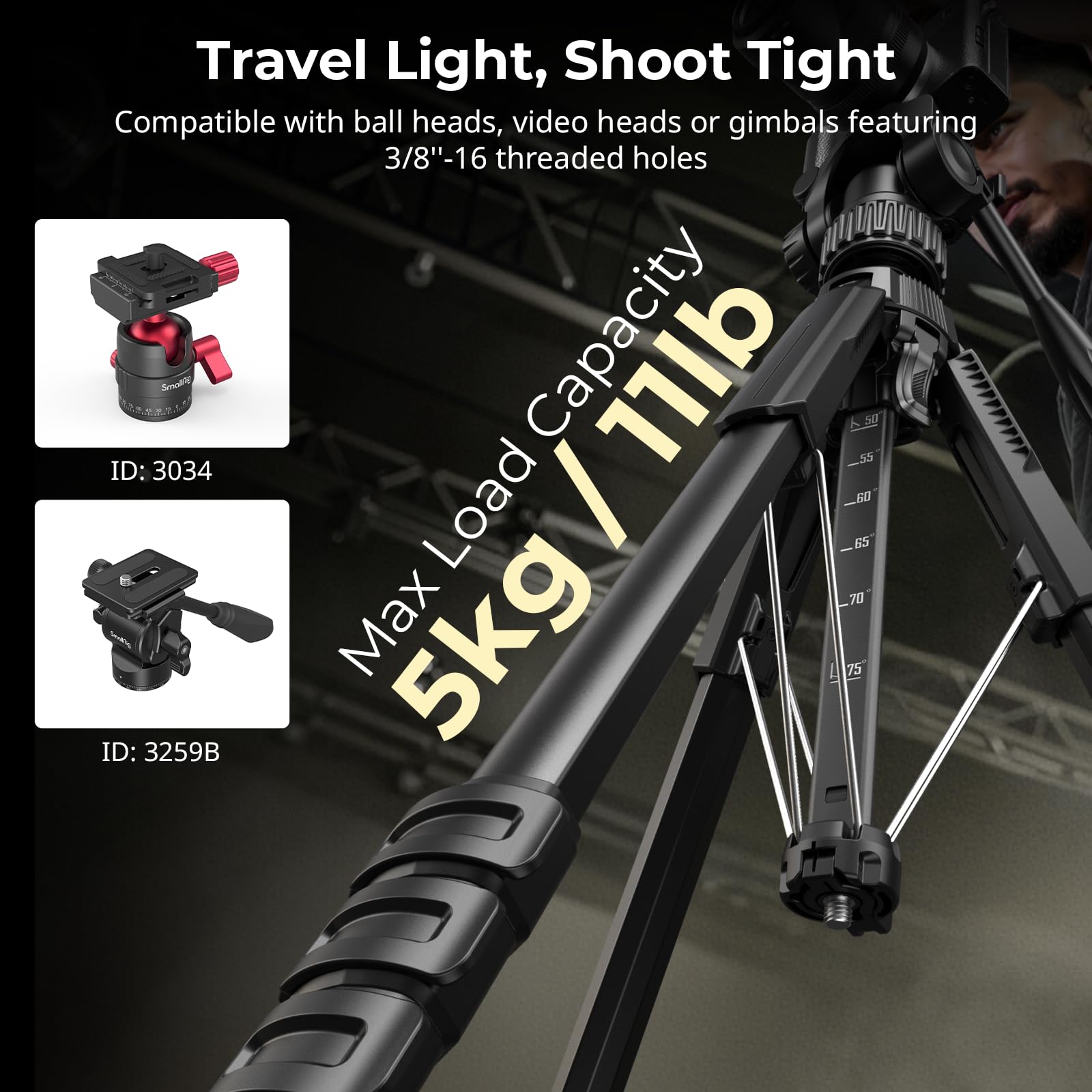 SMALLRIG Statyw fotograficzny 71" AP-21, statyw podróżny do iPhone'a i aparatów Canon i Nikon z klipsem do telefonu i torbą transportową, przenośny statyw fotograficzny z nogami z blokadą - 5351