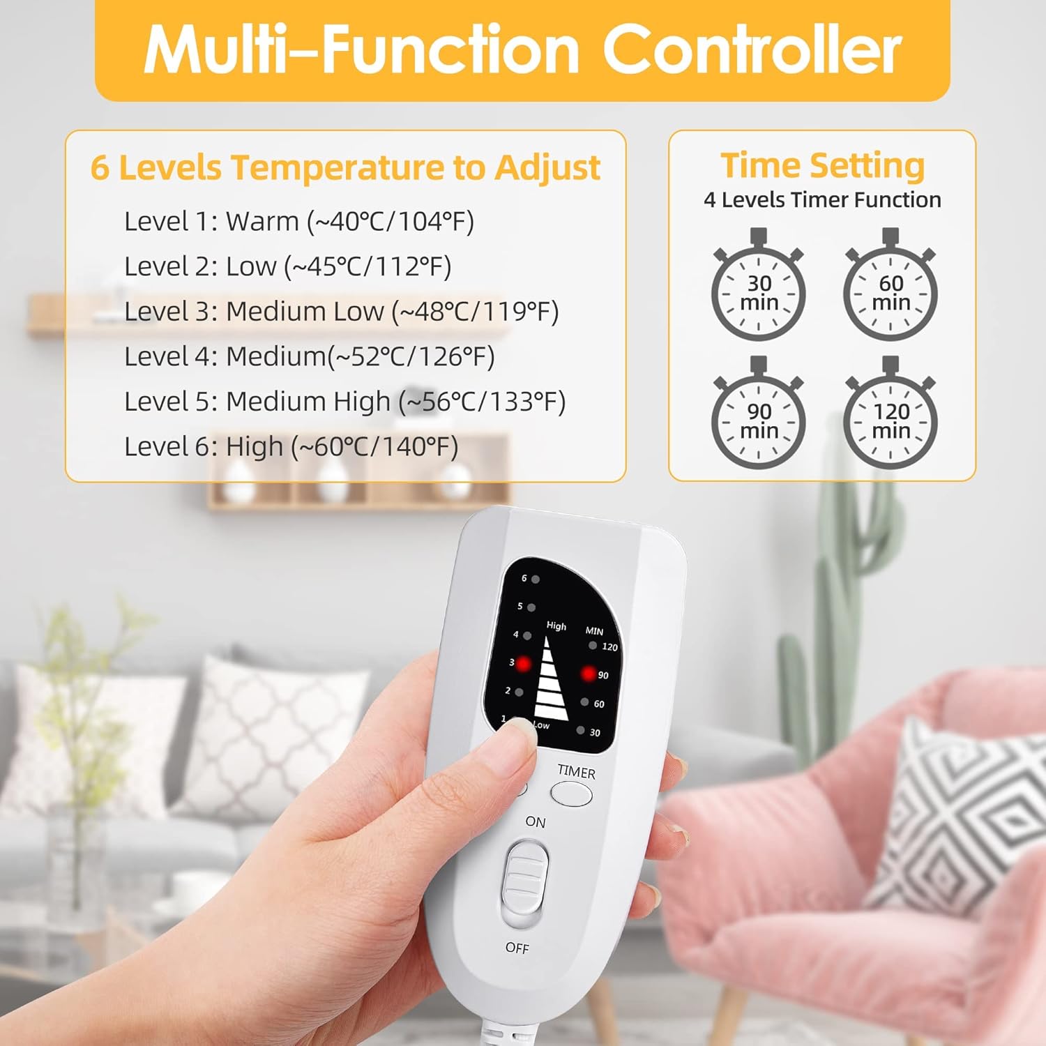 Multi-function controller for KLADNDER heated foot warmer showing 6 temperature levels and 4 timer settings