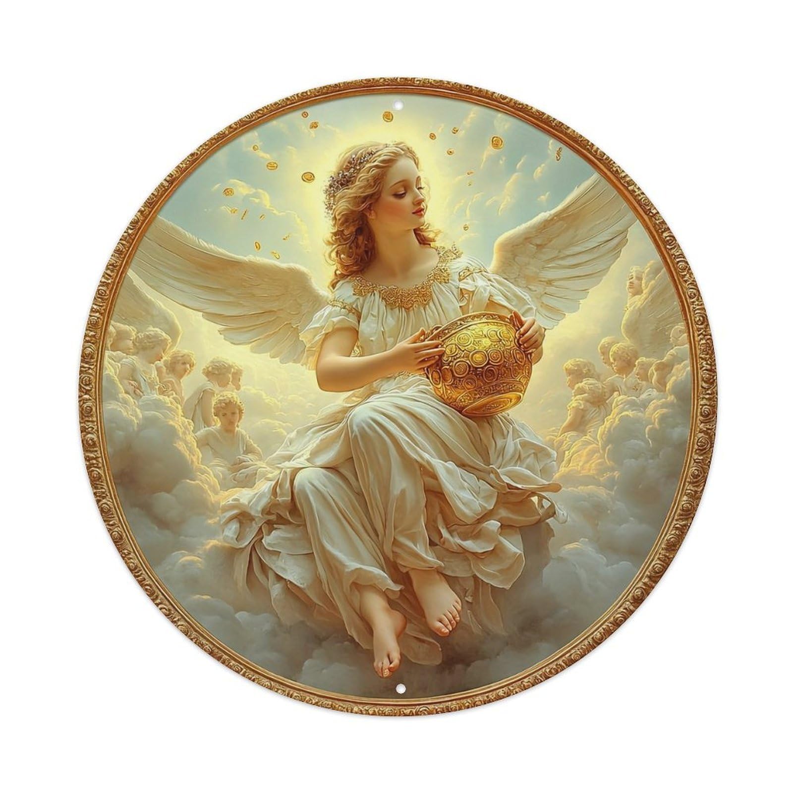 Angel Holding Golden Orb Clouds Round Tin Sign Vintage Metal Sign Home Bar Garden Indoor & Outdoor Wall Decor Retro Metal Poster 8x8 Inch