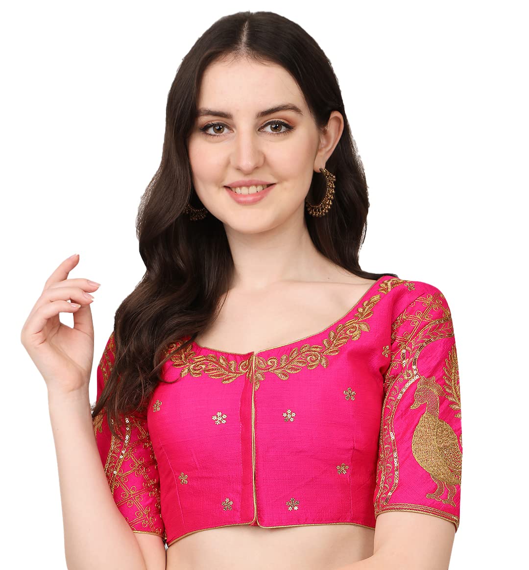 Pujia Mills Women's Phantom Silk Peacock Half Sleeve Saree Blouse (Mor Blouse Variation_Pink_38 Size+Margin)