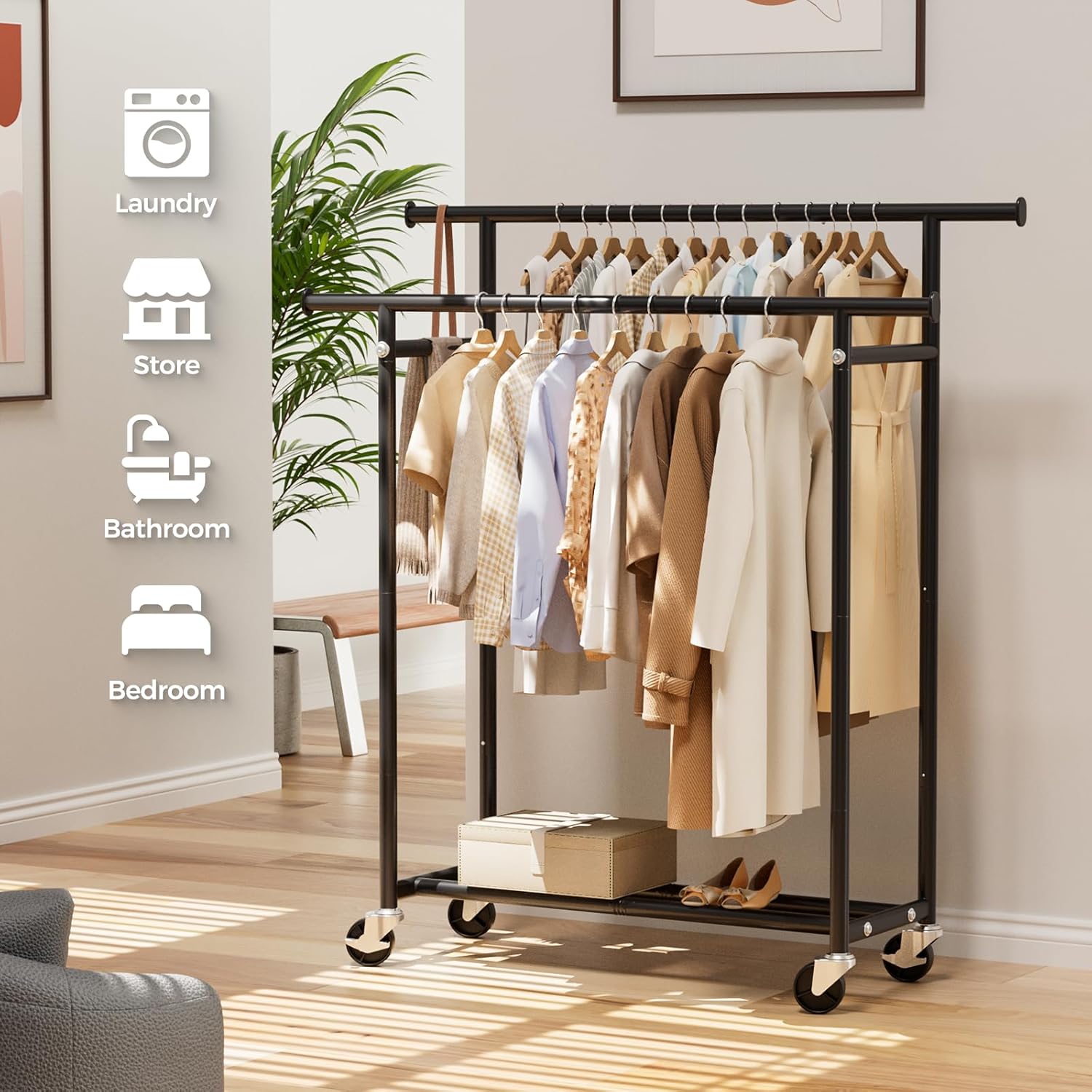 Double Rods Clothes Rack for Hanging Clothes, Rolling Metal Garment Rack with Wheels for Bedroom Laundry Living Room.39 L x 16.5" W x 60.23" H.
