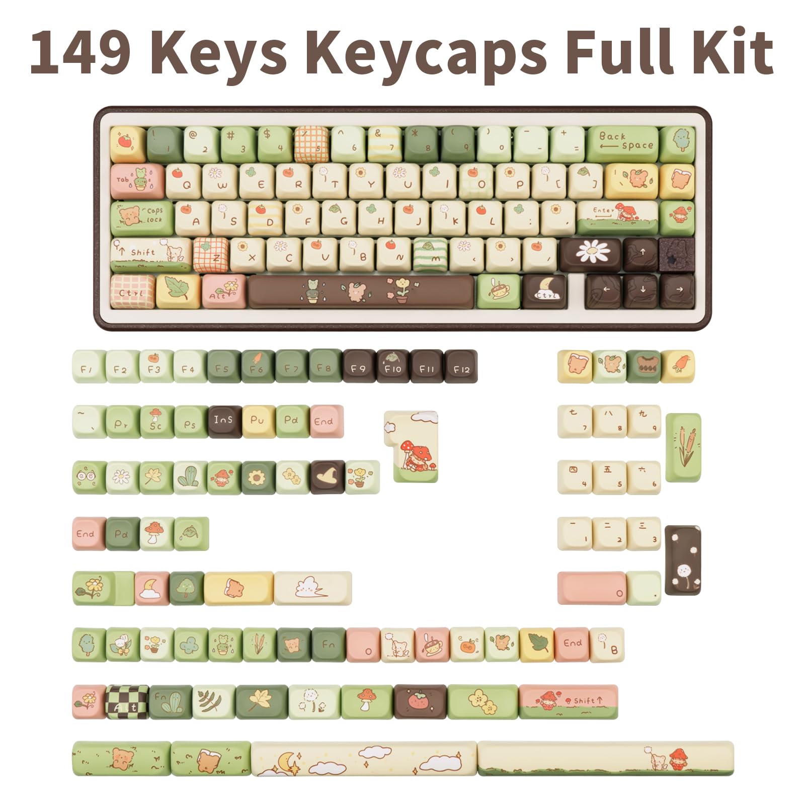 Niedliche Tastenkappen, Dickes PBT-Tastenkappen, FOA-Profil, 149 Tasten, Tastatur-Tastenkappen, Farbstoff-Sublimation-Tastenkappen, kompatibel mit 60%, 75%, 96%, 100% Cherry Gateron MX