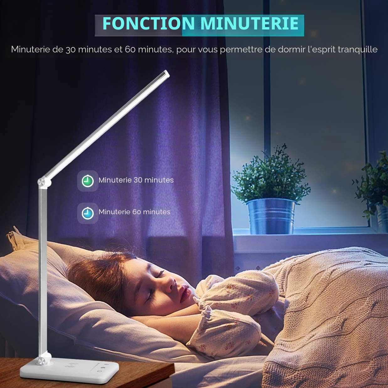 BIENSER Lampe de Bureau LED, 10W Chargeur Induction & USB, 10 Luminosités × 5 Couleurs, Lampe de Table Dimmerable, Protection des Yeux, Contrôle Tactile, Fonction Mémoire, 30/60min Minuterie Auto, 20W
