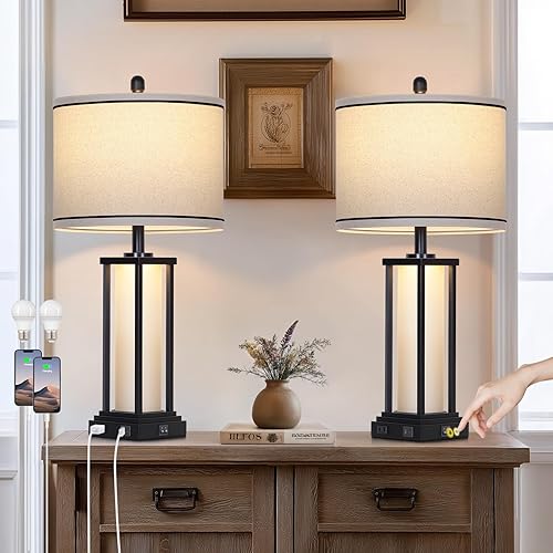 Miniatura 11 de 27in Tall Farmhouse Table Lamp with USB C+A & Outlet,Black Industrial End Table Lamp for Living Room,Vintage Rustic Bedside Lamp with Night Light