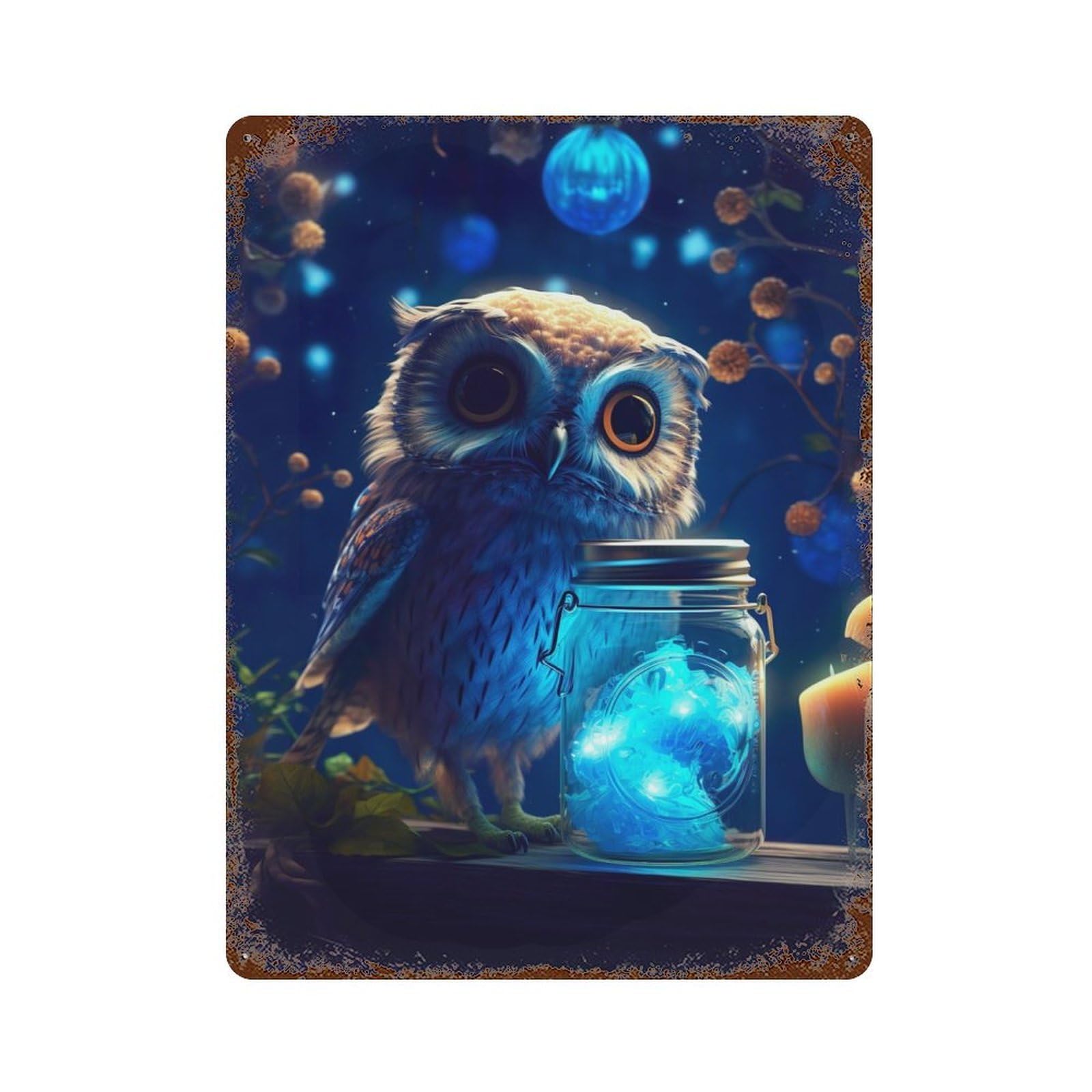 Cute Owl Luminous Glow 15.7"x11.8" Rusty Metal Tin Sign, Shabby Chic Decor for Bistro, Counter And Cafe Decor