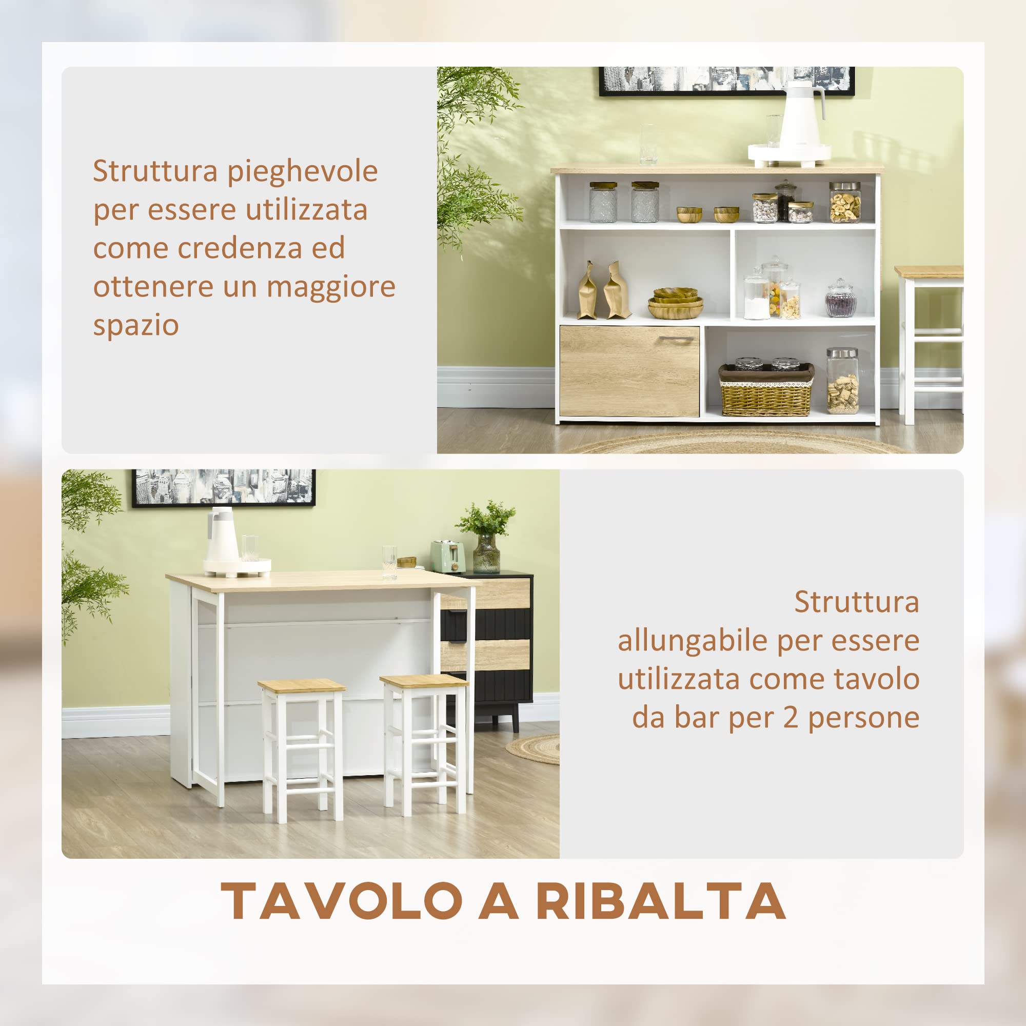 HOMCOM Tavolo da Bar Moderno ed Estensibile in MDF per 2 Persone con 4 Ripiani Aperti e Armadietto, 116x79.5x91 cm, Bianco e Color Legno