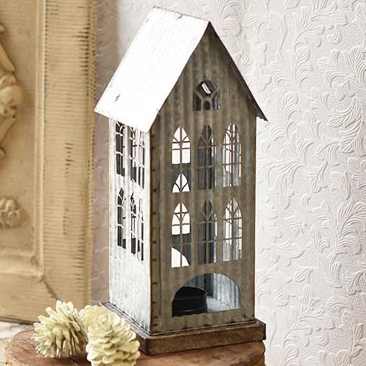Orchid & Ivy 12.5-Inch Tall Rustic Galvanized Metal Decorative Tin House Candle Holder Country Farmhouse Tabletop Mantel Shelf Tea Light Lantern Indoor Outdoor Home Decor