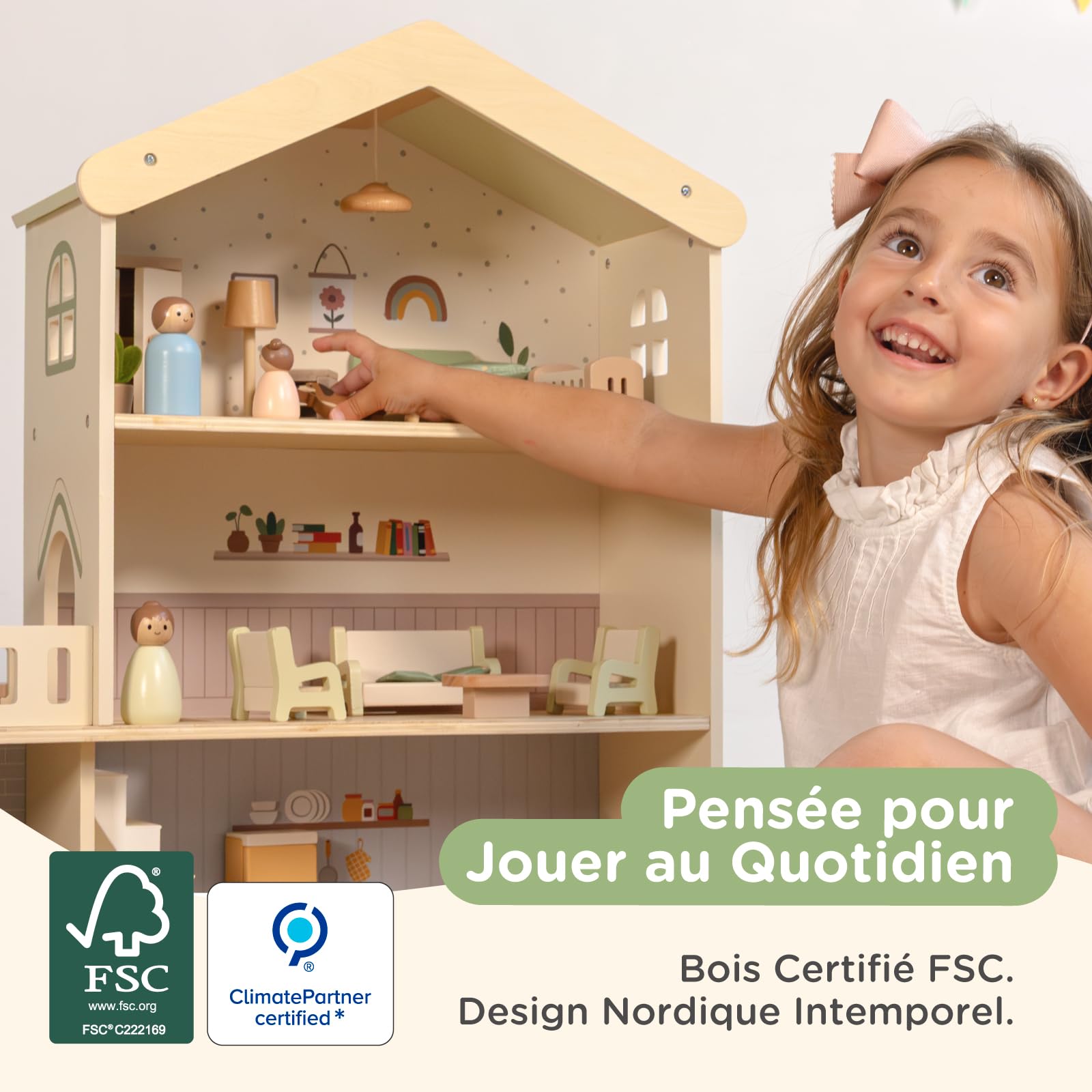 Nene Toys Maison de Poupée en Bois avec Meubles, 3 Étages, Dès 3 Ans