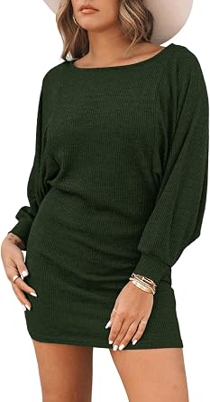 Womens Casual Round Neck Sweater Dresses Green Batwing Sleeves Ribbed Knit Sweater DressMedium,Green