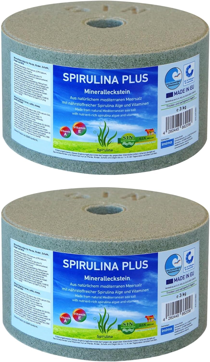 Salt Lick for Horses – SPIRULINA PLUS Mineral Block with Spirulina Algae, Vitamins & Minerals – Set 2 x 3kg – Supports Immunity, Muscle Development & Wellbeing for Horses, Cattle, Sheep & Goats