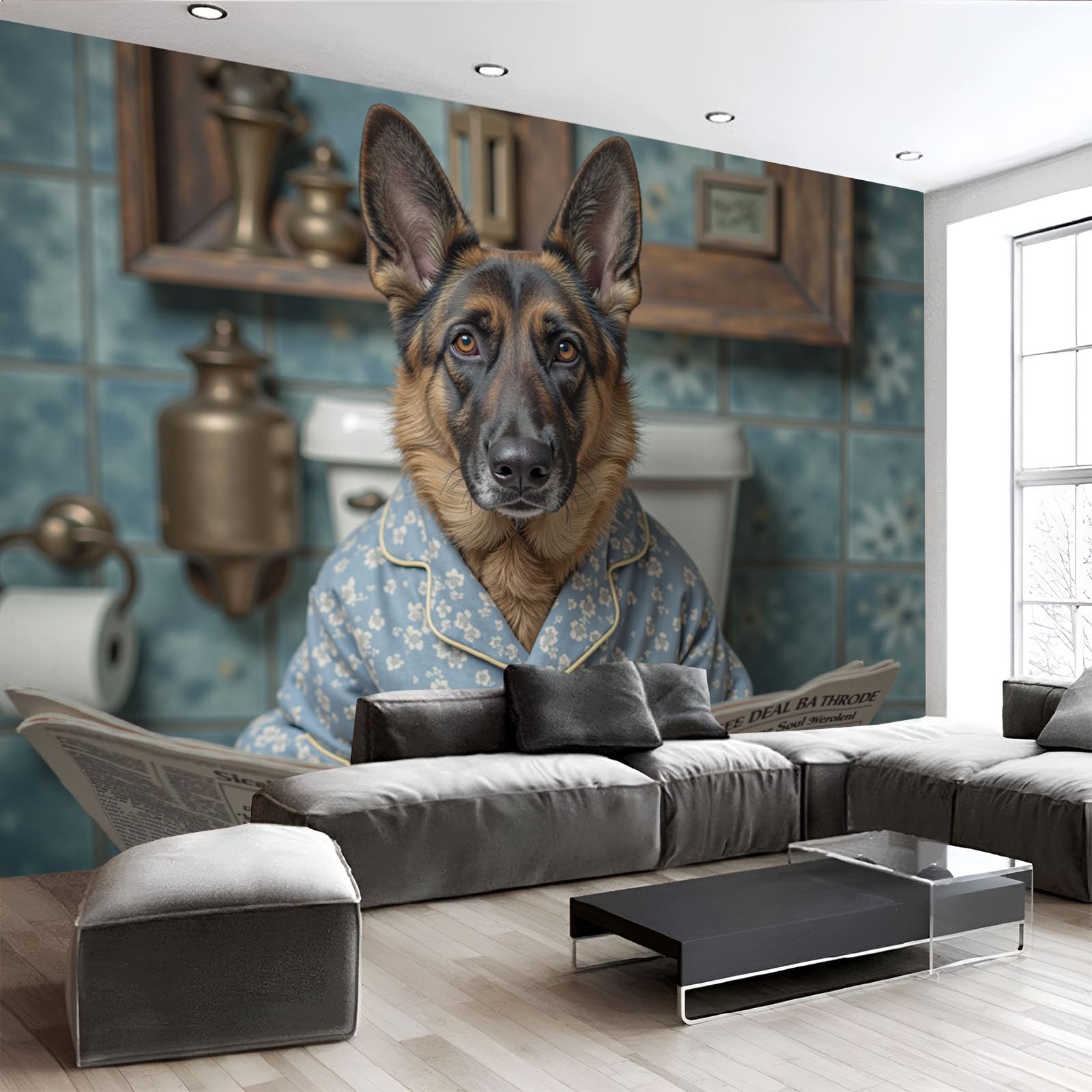 Poster Peint Panoramique Animaux Bleu-Vert | Fresque Murale Chien Berger Rigolo Salon 200X140