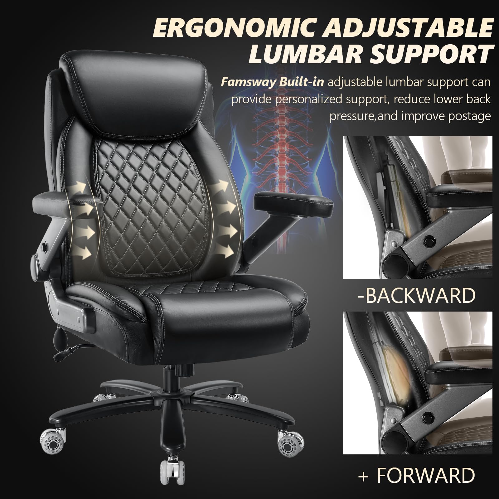 600LBS Large Heavy Duty Office Chair with 5D Flip Arms Comfy Big and Tall Executive Office Desk Chair — view 7