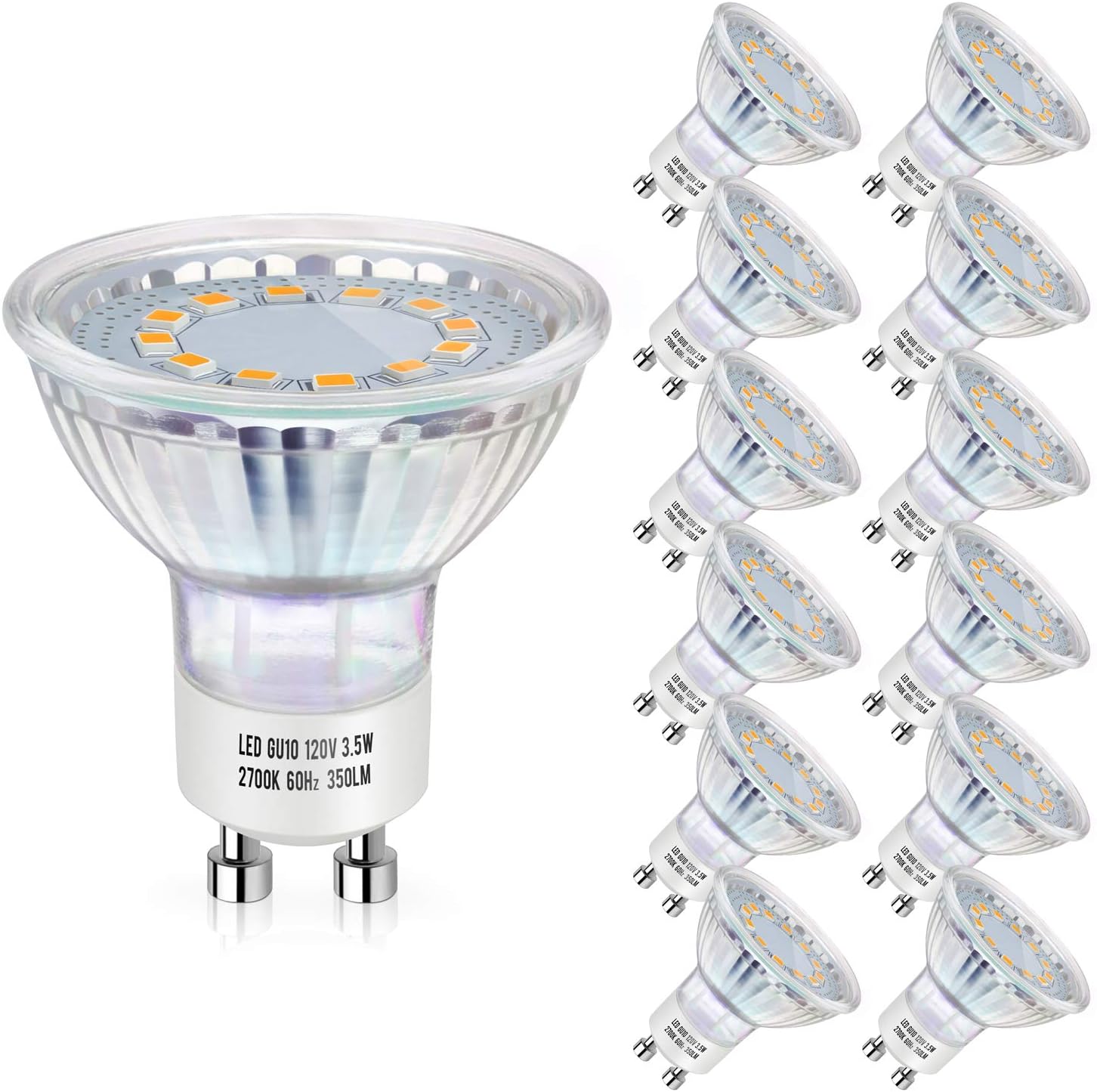 GU10 LED Bulb 50W Halogen Equivalent, 2700K Soft Warm White Track Light Bulbs, 3.5W 350Lumens, CRI 85+, 120 Degree Flood Beam Angle, Non-Dimmable, Pack of 12
