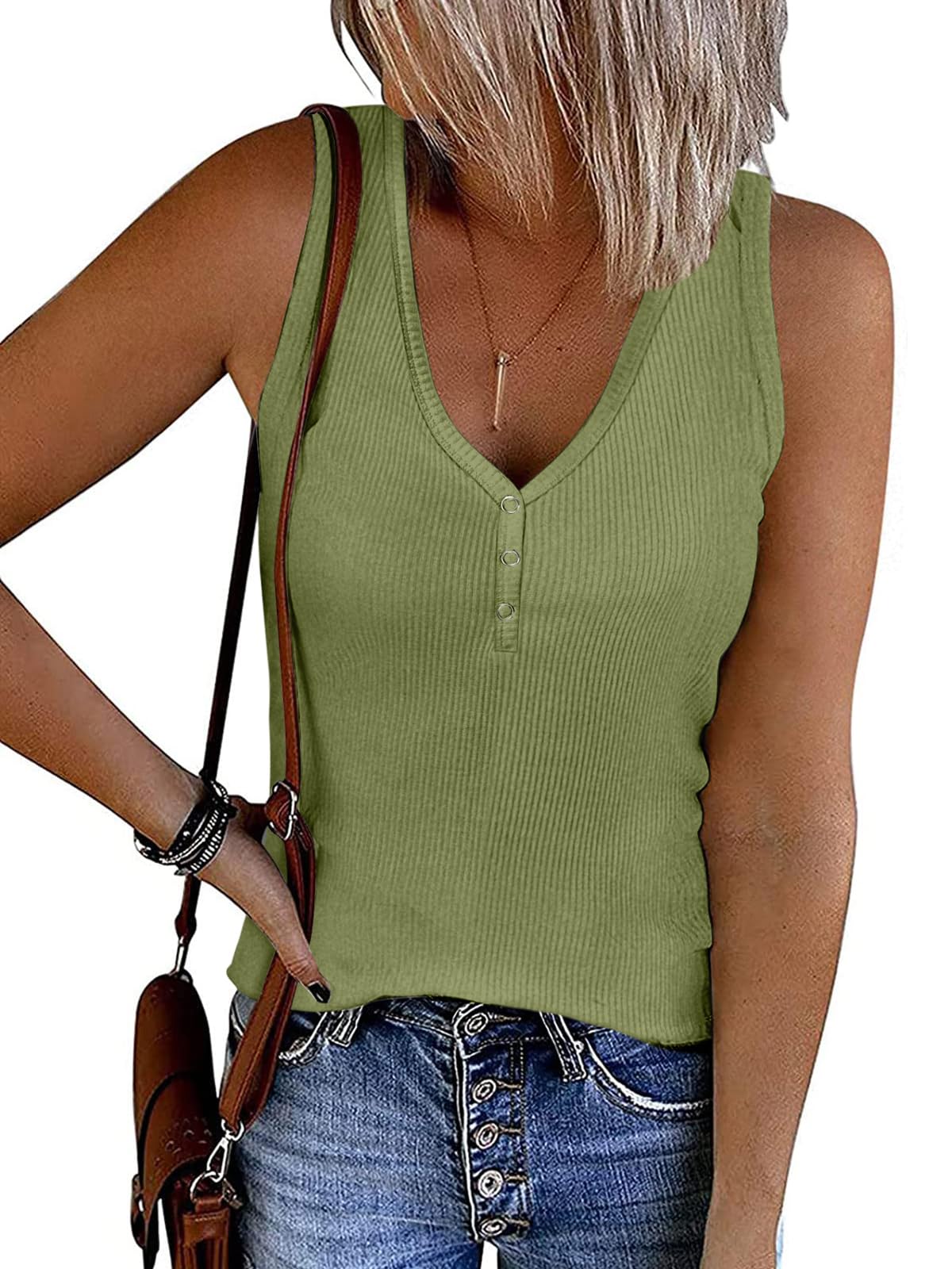 ATHMILE Womens Tank Tops Summer V Neck Sleeveless Ribbed Button Casual Henley Basic Shirts