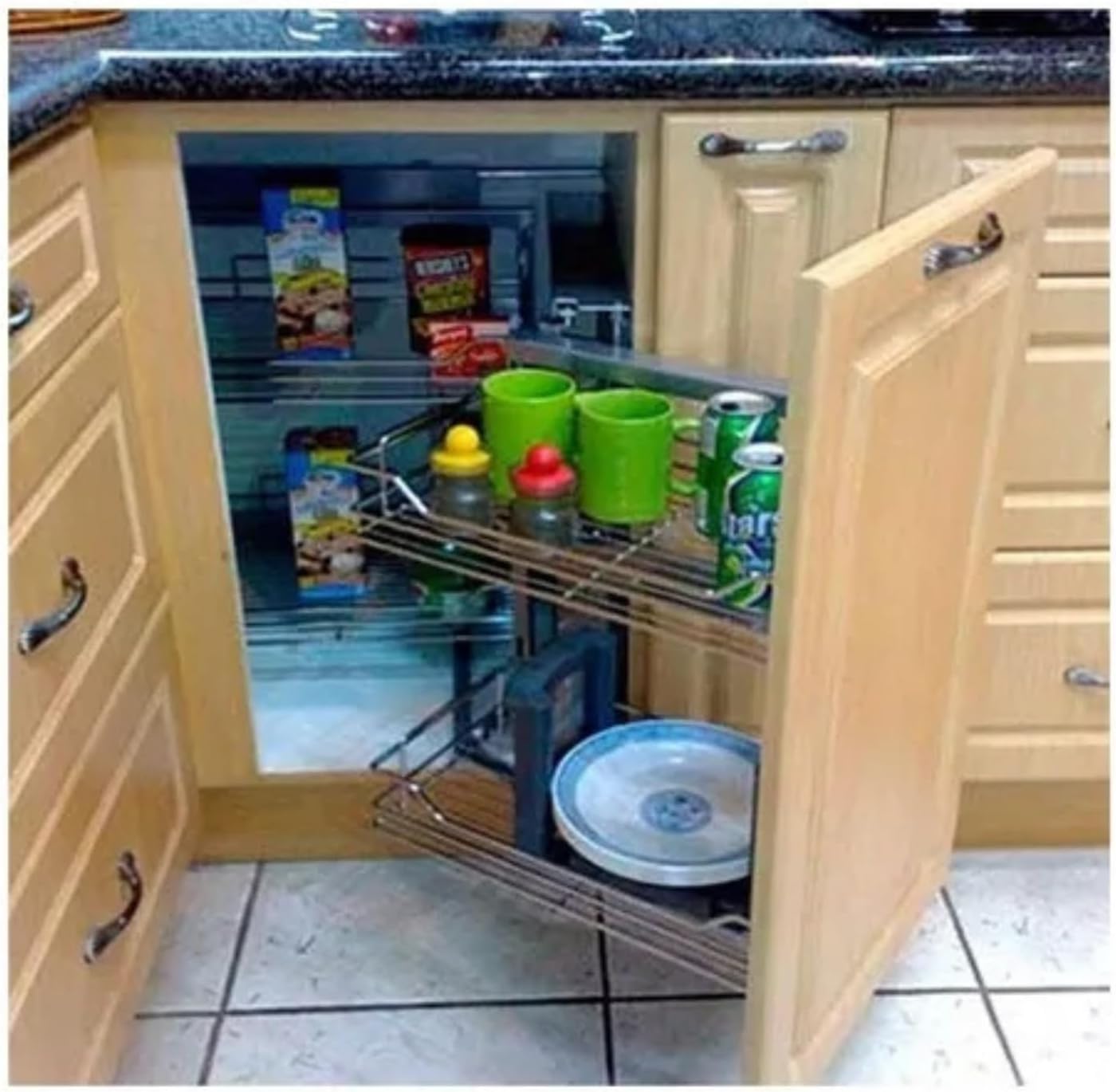HAFELE Magic Corner system in a wooden cabinet, storing various food items and containers