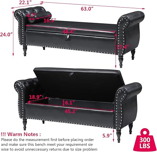 Miniatura 3 de Aoowow Banco de almacenamiento de piel sintética para dormitorio, extremo de la cama, cama otomana de 63.2 pulgadas de largo con brazo enrollado con