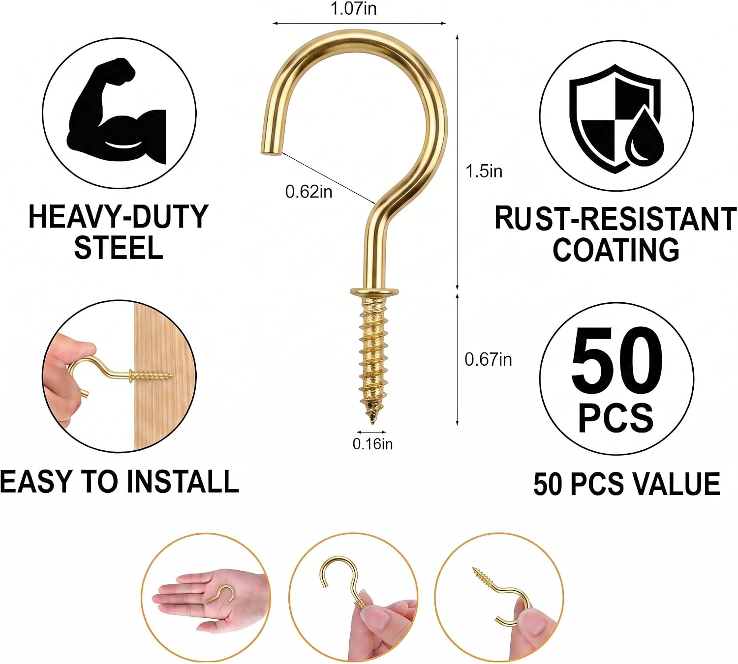 50-Pack 1-1/2 Inch Screw Hooks, Heavy Duty Steel Cup Hooks for Hanging, Vinyl Coated Ceiling Hooks for Indoor & Outdoor Use, Perfect for Kitchen, Garage, String Lights, Plants, and Mugs (Gold)