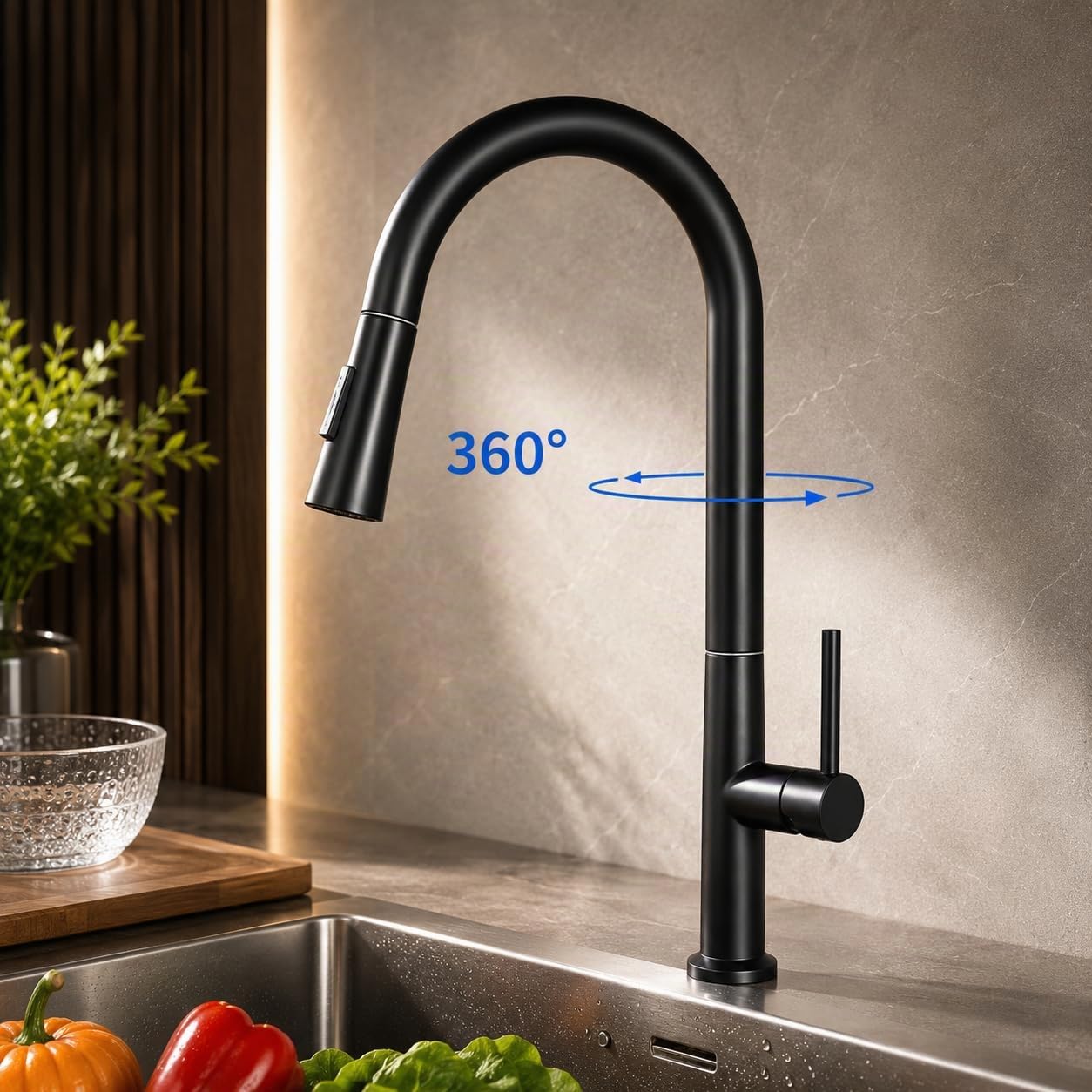 Grifo de Cocina Extraíble, Caño Alto, Giro 360°, Doble Chorro, Acero Inoxidable 304