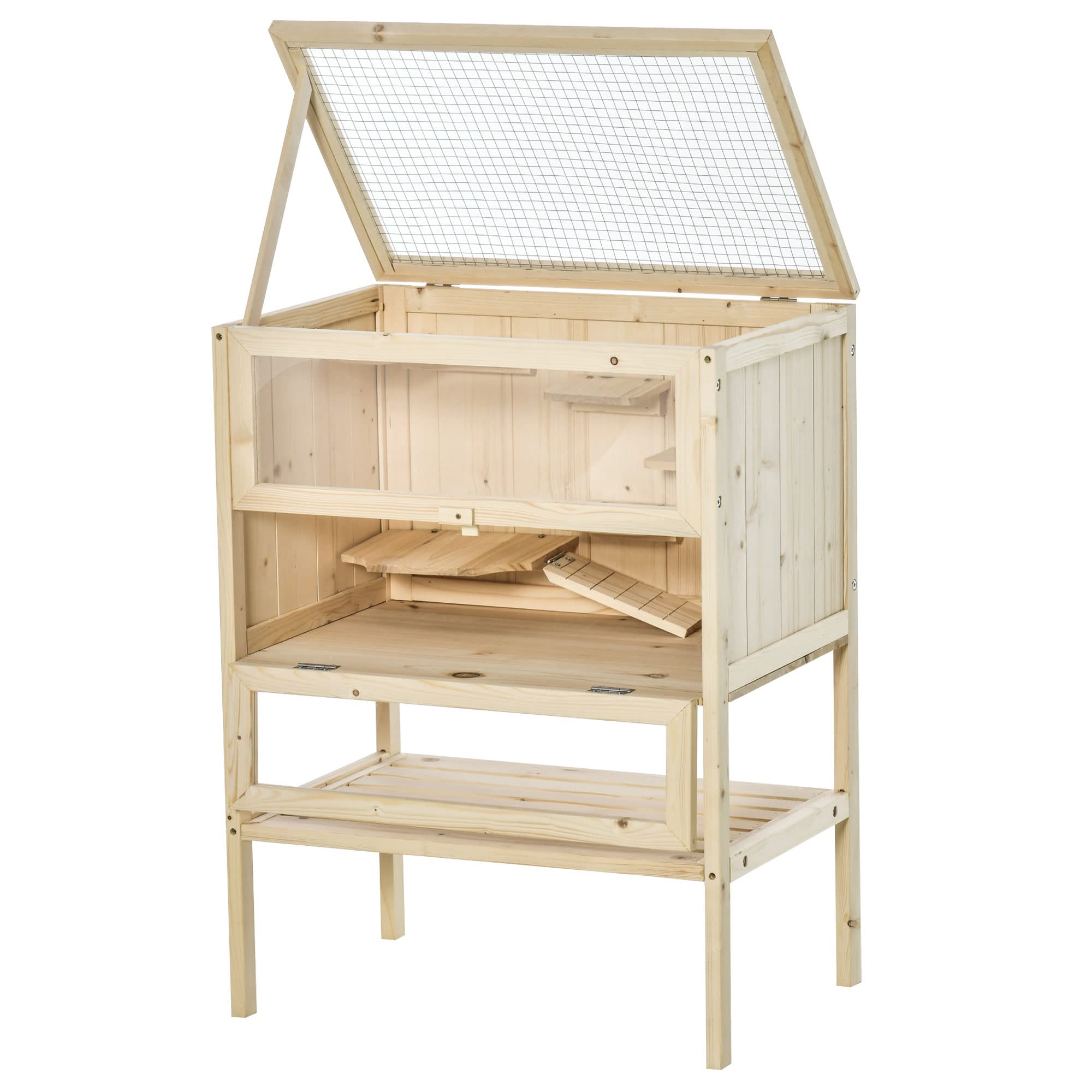 PawHut Jaula de Madera para Hámster Ratones Casa de Juegos con 5 Plataformas Rampa Techo Abatible Ventana Cristal Plástico y Estante Inferior 60x40x80 cm Natural