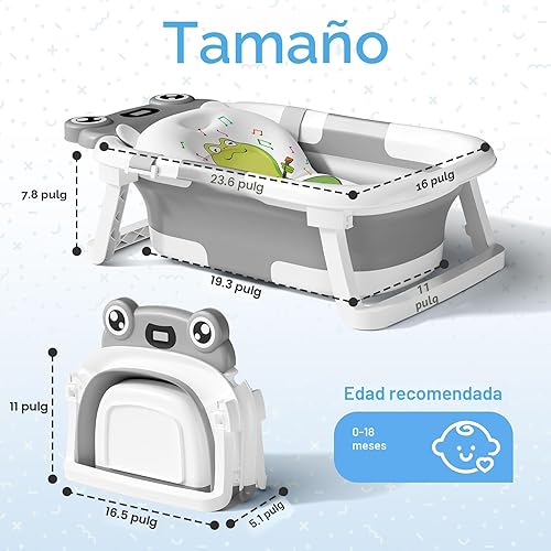 Miniatura 2 de Bañera para bebé, bañera plegable para recién nacidos de 0 a 24 meses con cojín suave y termómetro, bañera portátil de viaje para recién nacidos