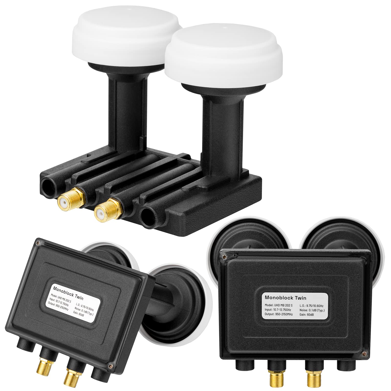 hb-digital LNB Twin LNB UHD MB 202 S LNC | pour 2 participants/récepteurs Direct & 2 satellites : Astra 19,2° Hotbird 13° Full HD TV 3D 4K Noir + 4x connecteurs F plaqués or + 2 douilles en caoutchouc