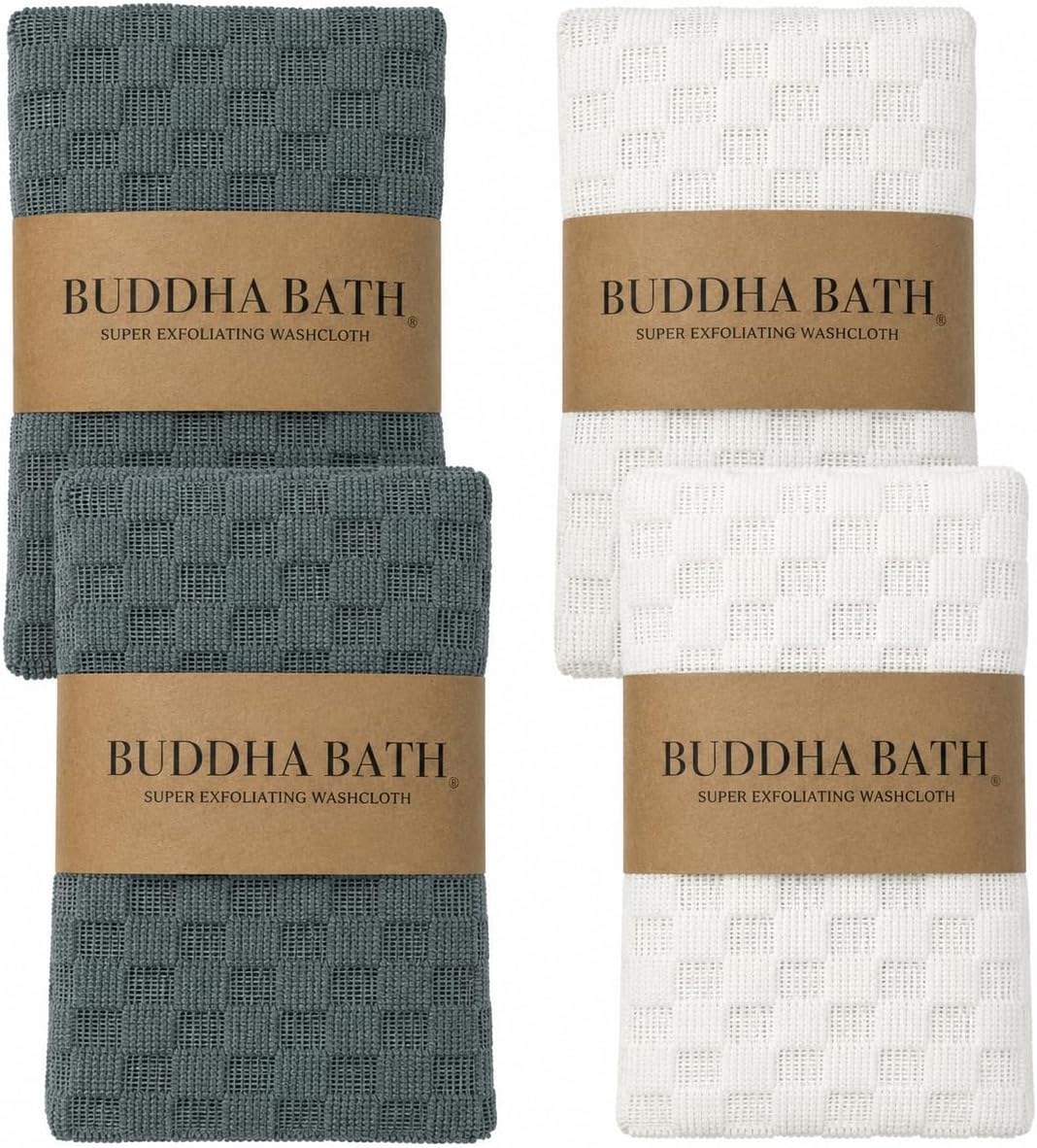 Extra Long Exfoliating Shower Towel Washcloth (Medium Exfoliate) - Silver Blue, White - (4 Count)