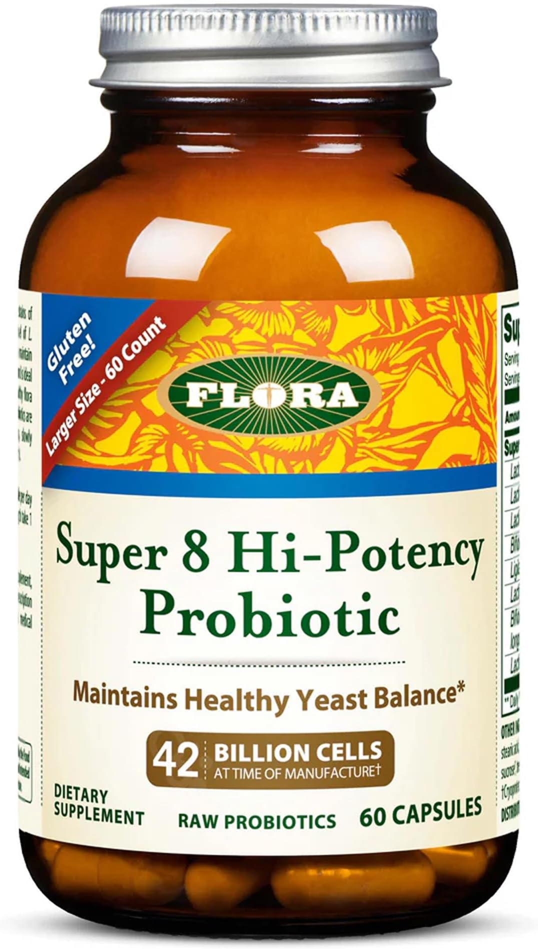 Flora - Super 8 Hi Potency Probiotics 60 Count - Healthy Yeast Balance & Digestive Health - for Men & Women - 42 Billion CFU, Raw, Gluten Free - Up to 2 Month Supply