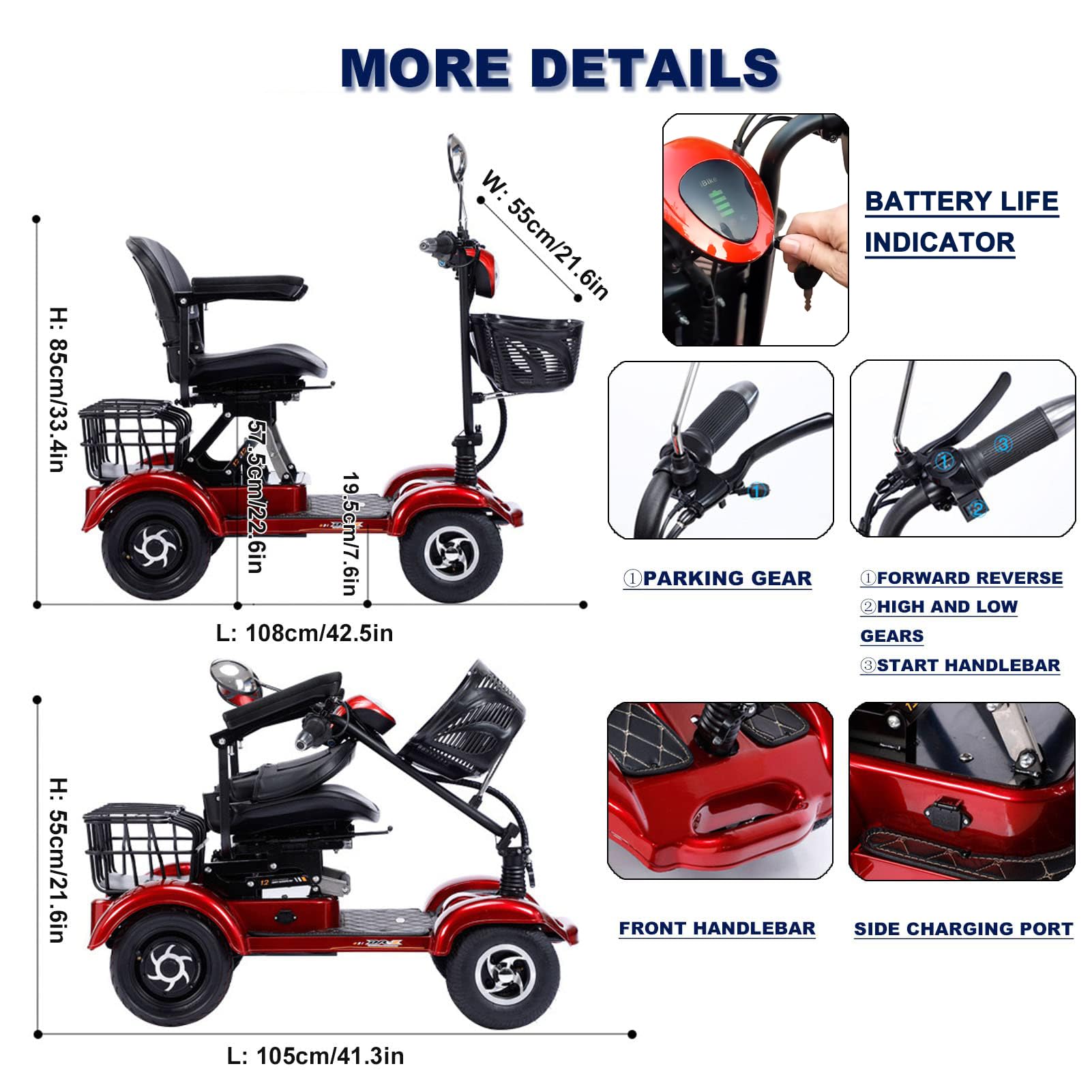 4 Wheel Mobility Scooter, Electric Power Mobile Scooters for Seniors Adult with Lights Collapsible and Compact Duty Travel Scooter, Up to 25 Miles Range, w/Charger and Extended Battery,Bleu