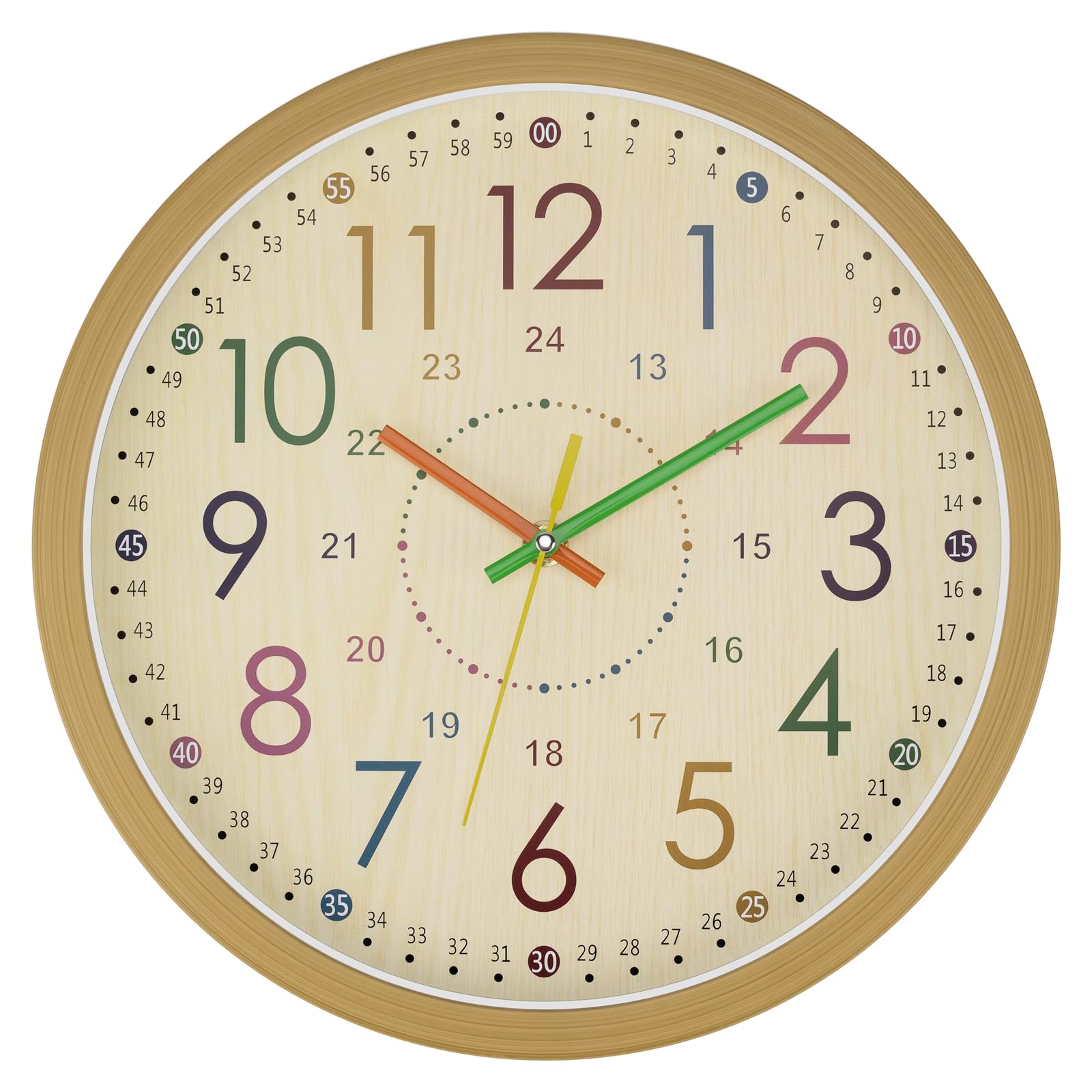 Foxtop Kids Wall Clock, Learning Clock Without Ticking Noises,12 Inch Analogue Children's Clock for Learning the Time,Easy Reading, Children's Room Clock,Colourful Design（24H）