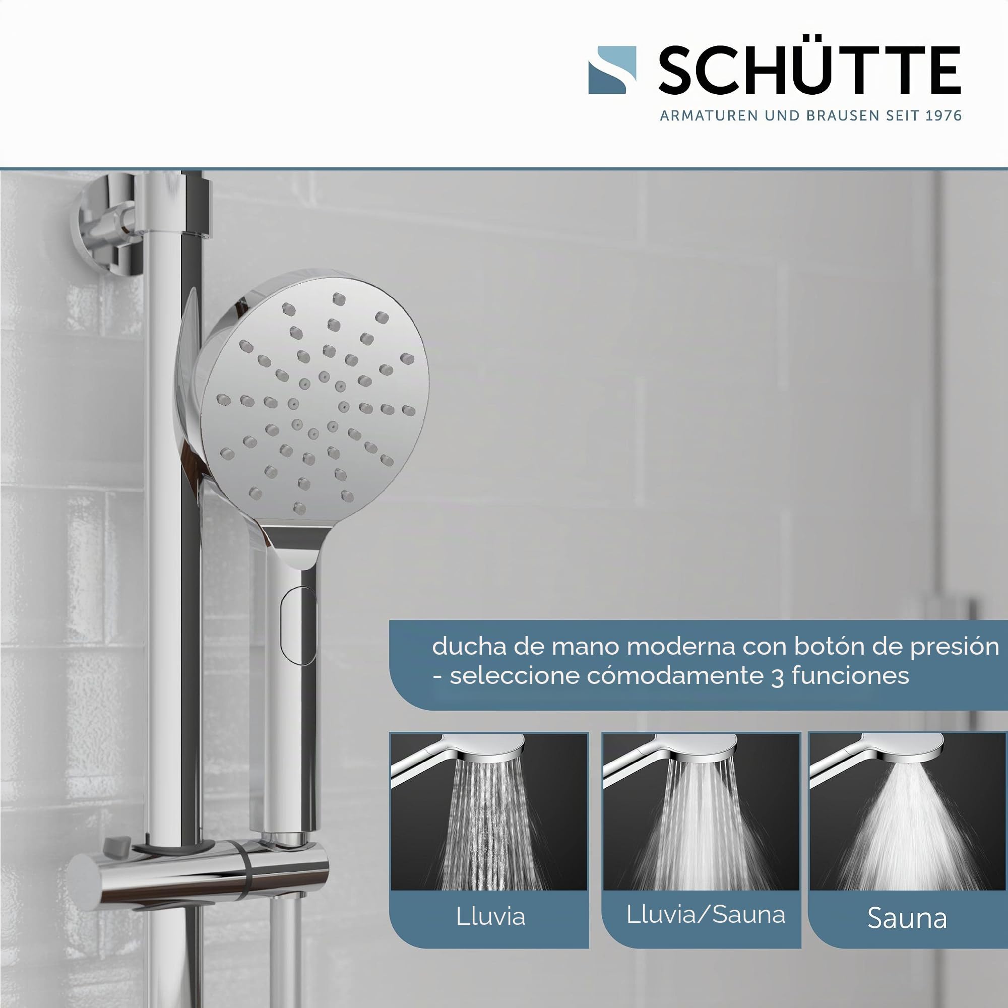 SCHÜTTE MADURA sistema de ducha con termostato, set de ducha con gran rociador de lluvia (Ø 24 cm) y teleducha regulable, set de ducha con barra de ducha, columna de ducha panel de ducha, cromo