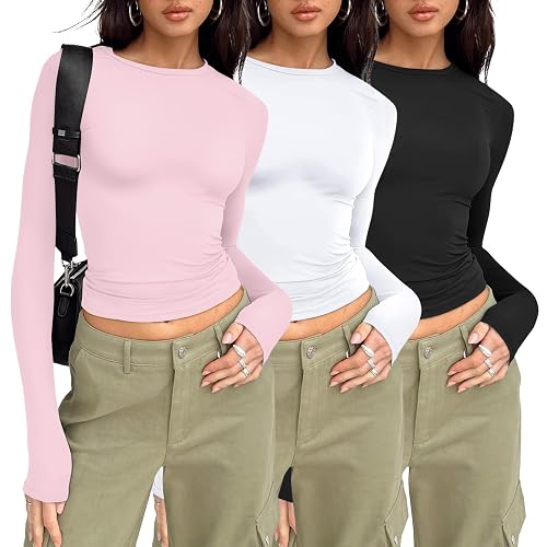 AUTOMET 3 Pack Womens Long Sleeve T Shirts Fall Fashion Basic Going Out Crop Tops Slim Fitted Winter Clothes 2025