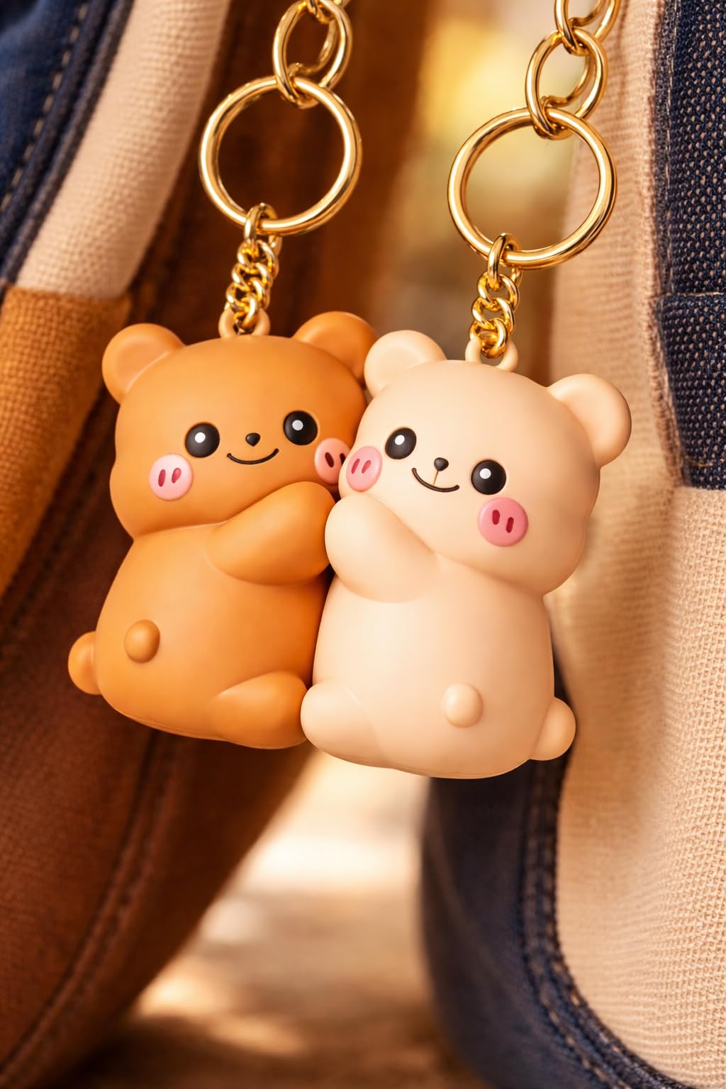 Cute Bear Magnetic Couple Keychain Set, Caramel and Cream, Vinyl, Hidden Magnet Hug Feature, Gold-Plated Ring, 1 Pair-image-13