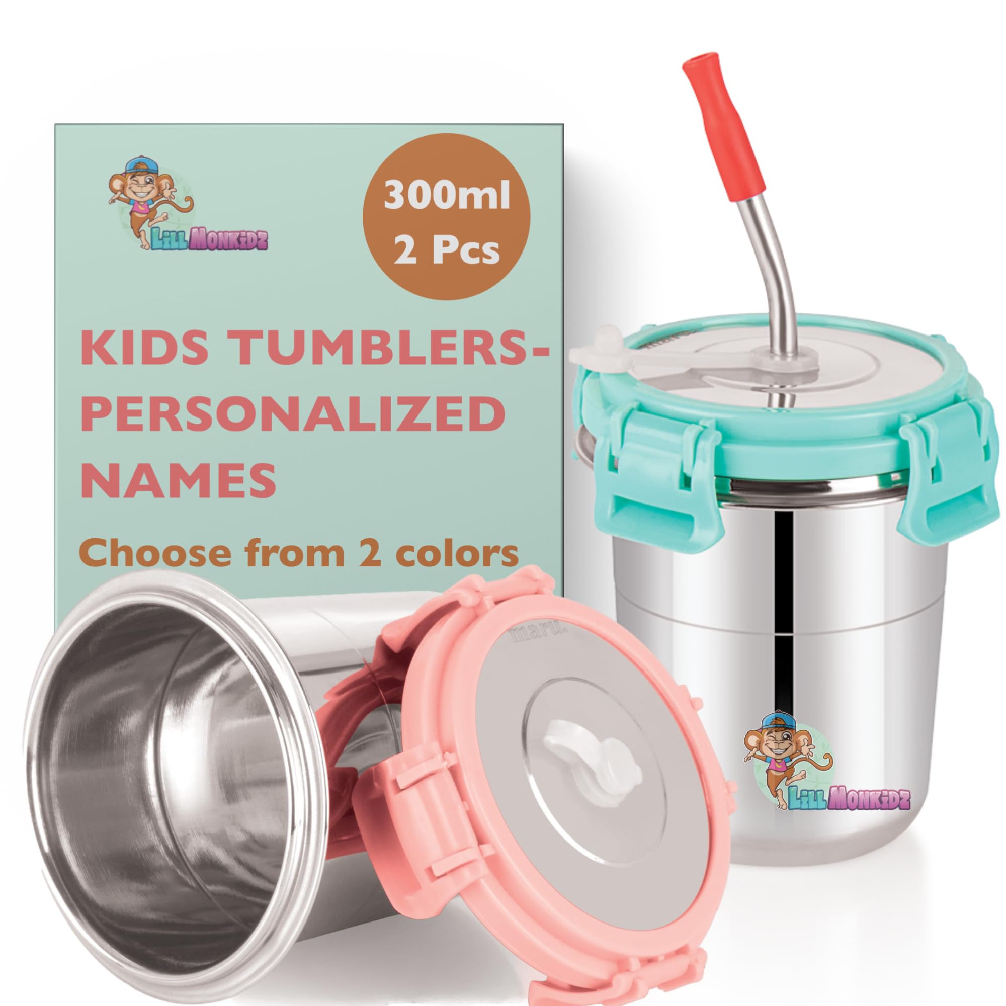 LiLLMONKiDZ Stainless Steel Tumbler for Kids | Tumbler Glass with Straw for Kids | Steel Tumbler with Lid, Straw, Cleaning Brush & Silicon | (Sea Green/Ice Pink, 300ml) (Personalized with Name)-image-18