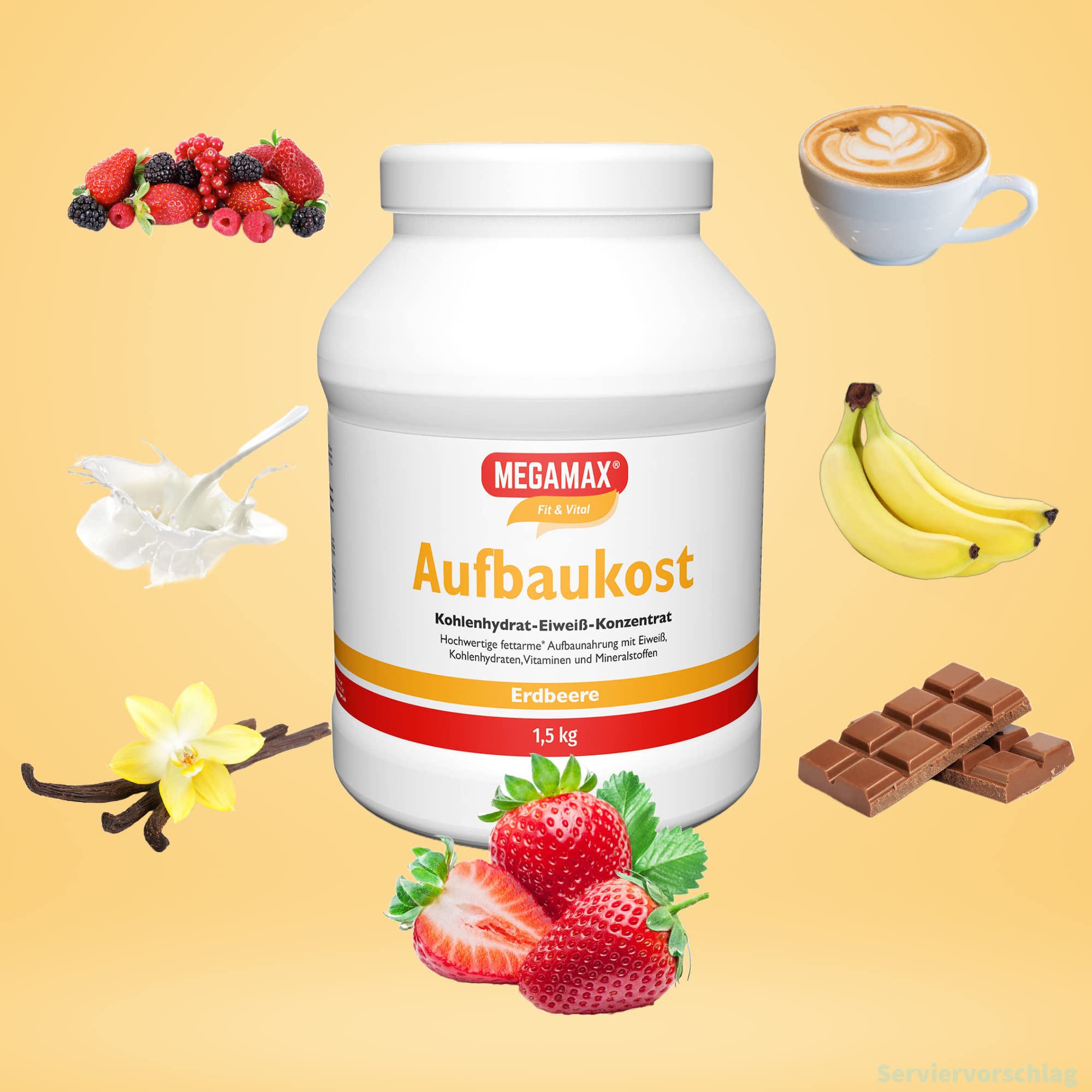 MEGAMAX Aufbaukost Erdbeere 1.5 kg enthält wheyproteinpulver für ein fettarmes Kohlenhydrat-Eiweiß-Getränk- ideal zur Unterstützung von Muskelaufbau, Gewichtszunahme, Kräftigung und bei Untergewicht