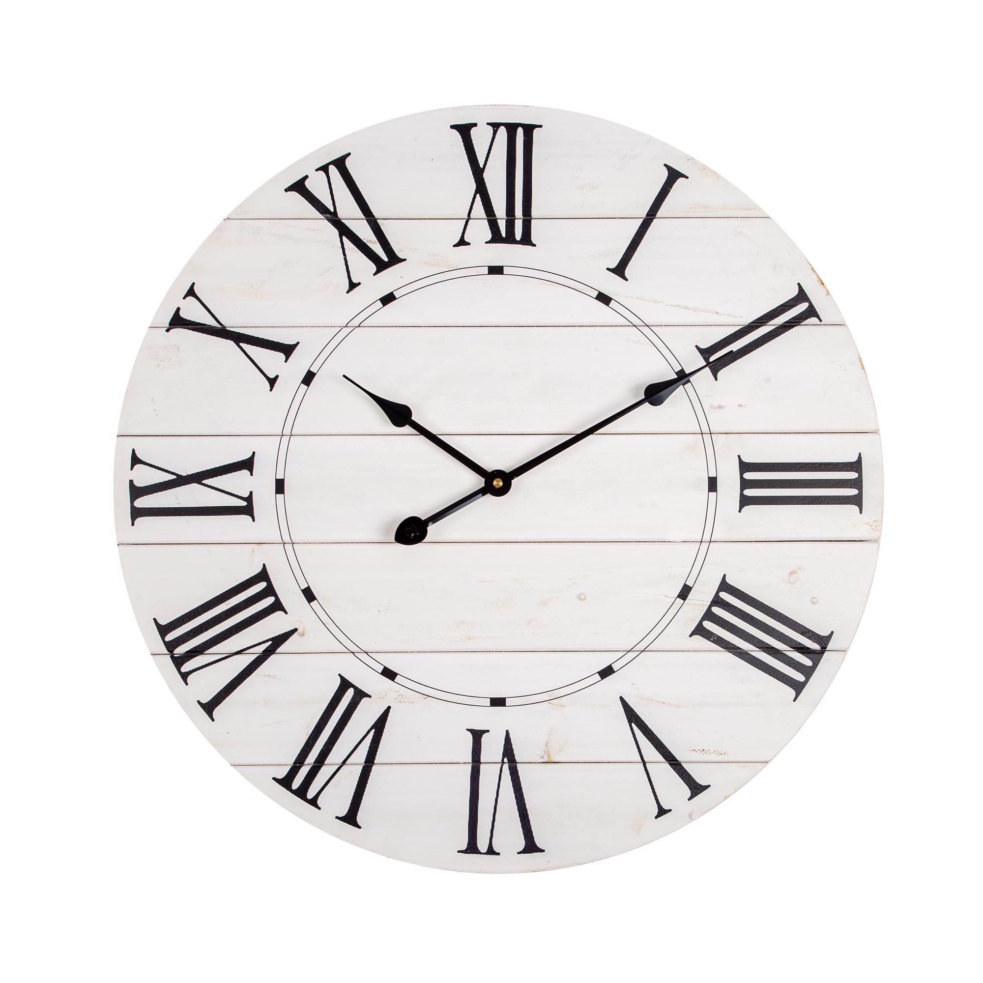 Large Wall Clocks for Living Room Decor, 24 inch Silent Battery Operated Quartz Wall Clock, White Rustic Country Farmhouse Shiplap Round Wooden Wall Clock-Roman Numerals