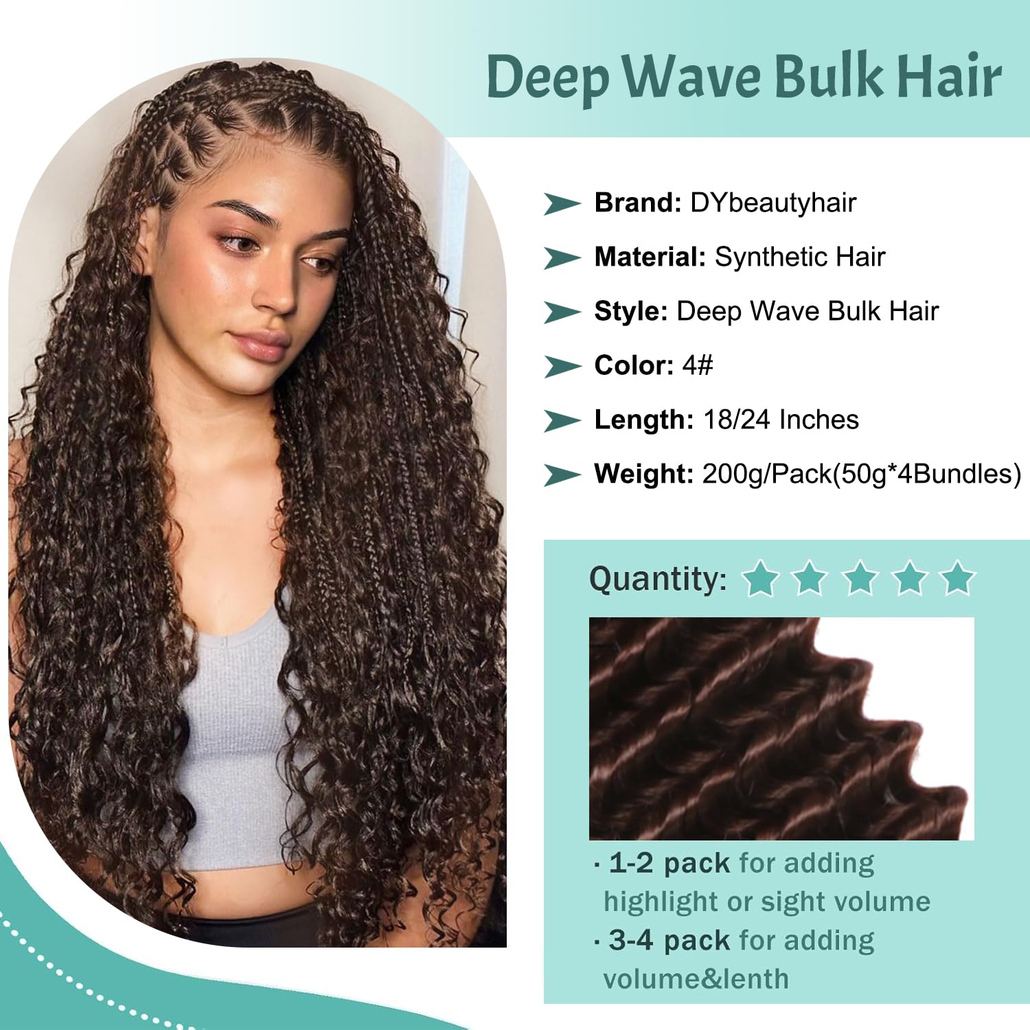 18 Inch 200g Deep Wave Bulk Hair for Braiding Boho Hair for Braiding Deep Water Wave Braiding Hair No Weft Wet and Wavy Braiding Hair Extensions (4# - Image 2