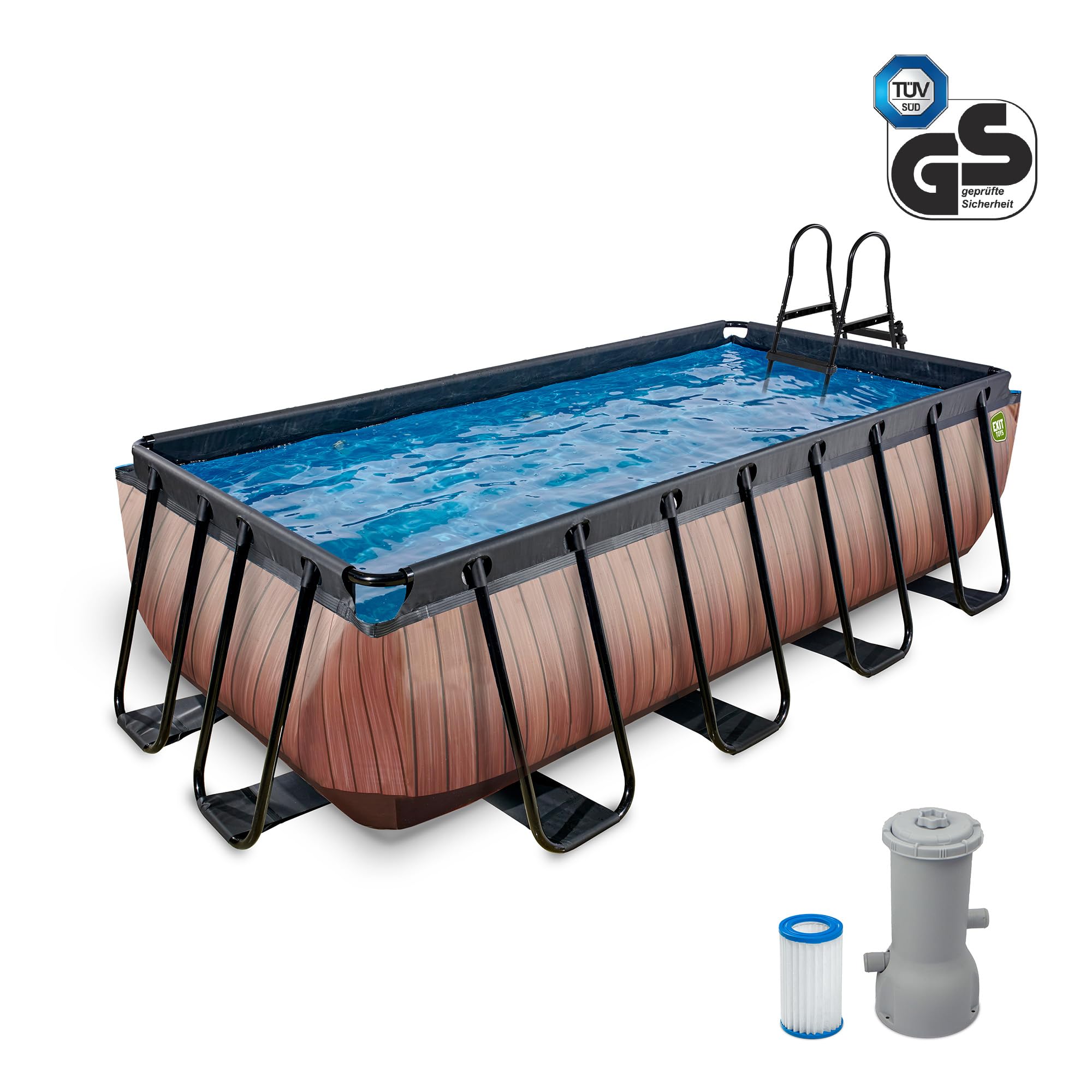 EXIT Toys Piscine Tubulaire Rectangulaire 400 x 200 x 100 cm avec Pompe Filtrante – Piscine Hors Sol pour Familles et Enfants – Bassin Acier TÜV CE en 16582 – Wood – Marron