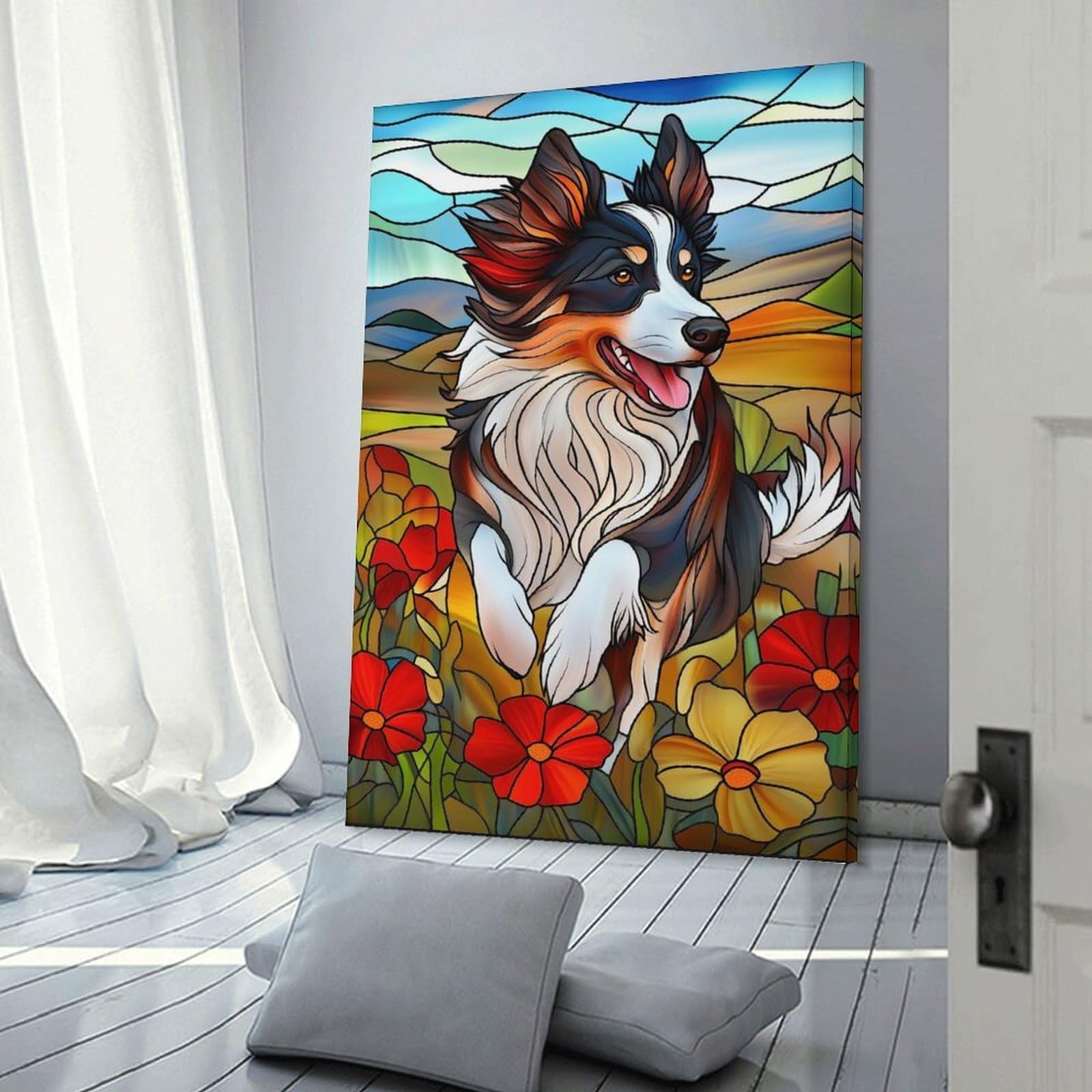Junmoney Stained Glass Border Collie Canvas Art Print, 20x30inch(50x75cm), for Restful Interiors, Bedrooms Or Small Rooms, A Warm Accent for Relaxed Interiors